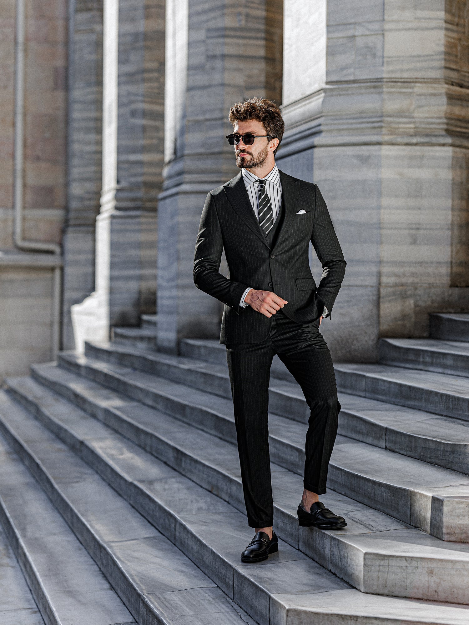 Black Striped Slim-Fit Suit 3-Piece