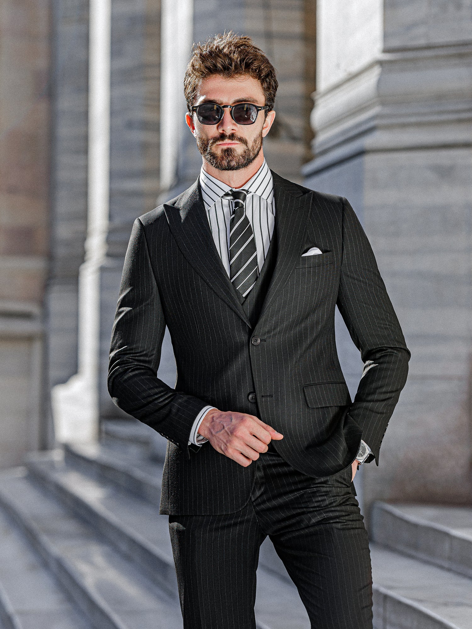 Black Striped Slim-Fit Suit 3-Piece