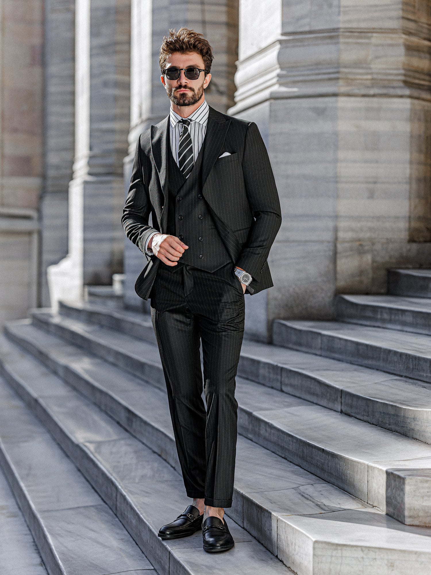Black Striped Slim-Fit Suit 3-Piece