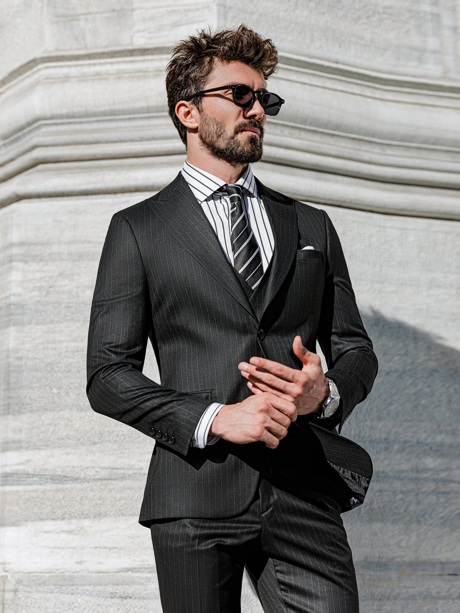 Black Striped Slim-Fit Suit 3-Piece