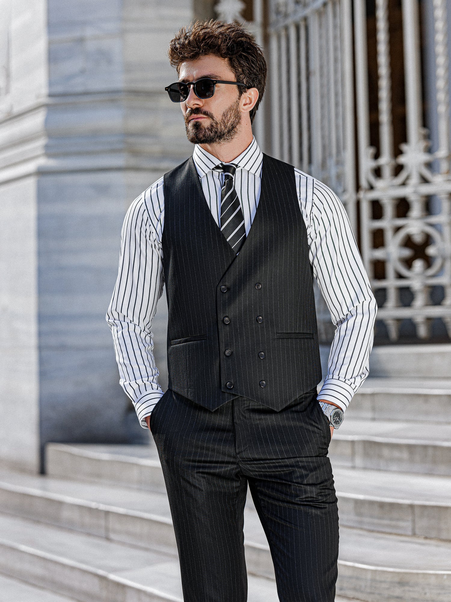 Black Striped Slim-Fit Suit 3-Piece
