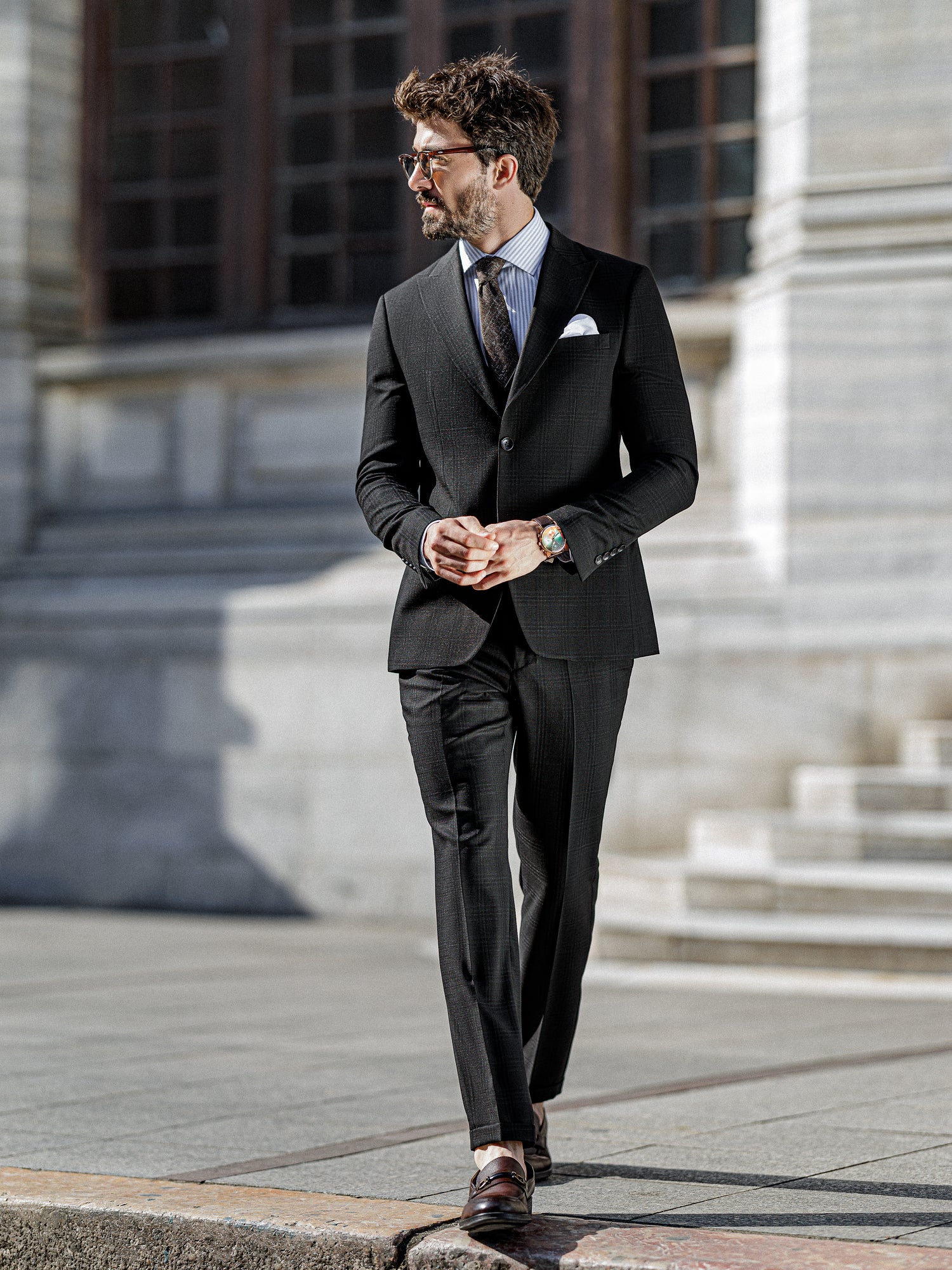 Black Plaid Slim-Fit Suit 3-Piece