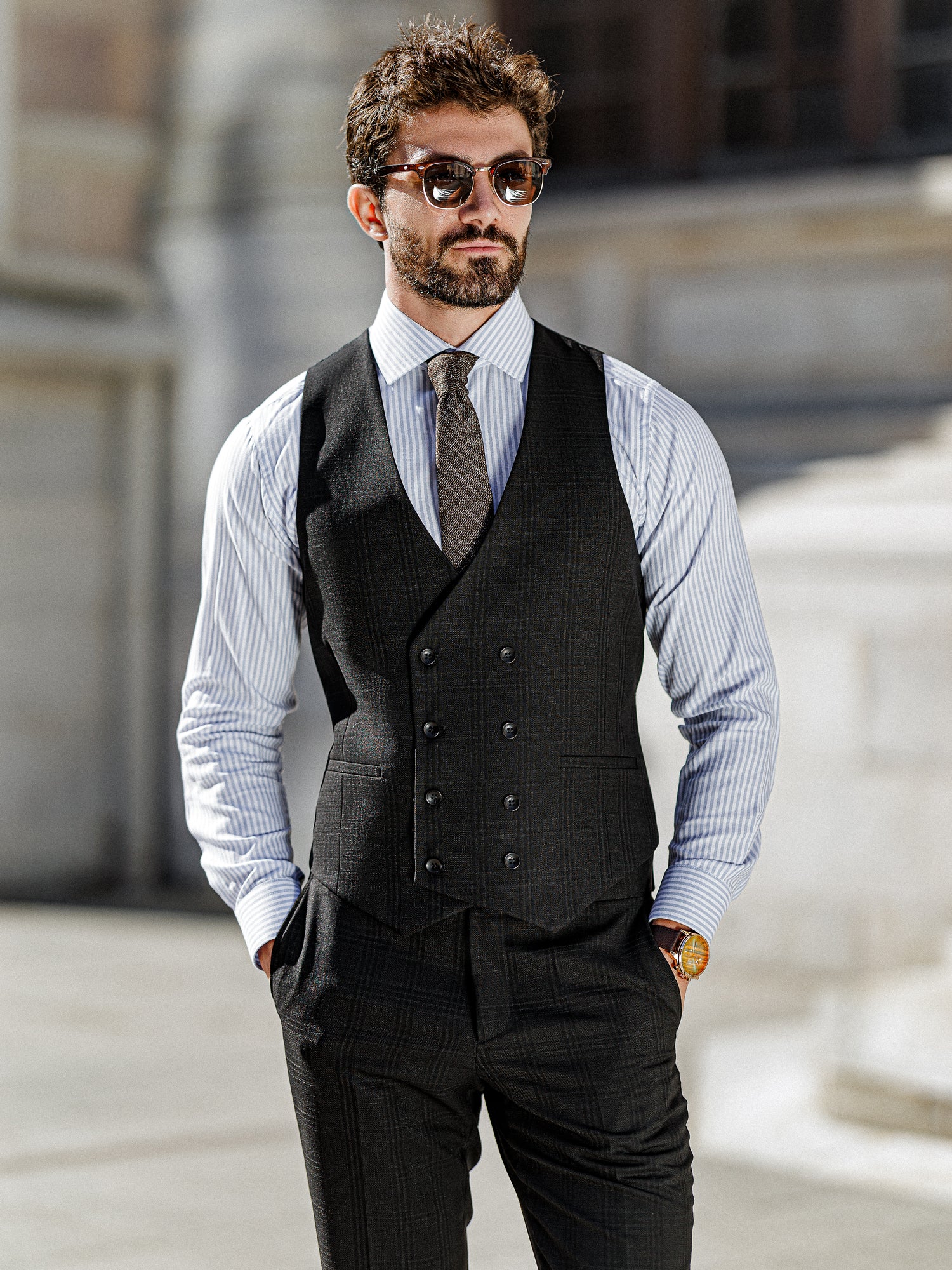 Black Plaid Slim-Fit Suit 3-Piece
