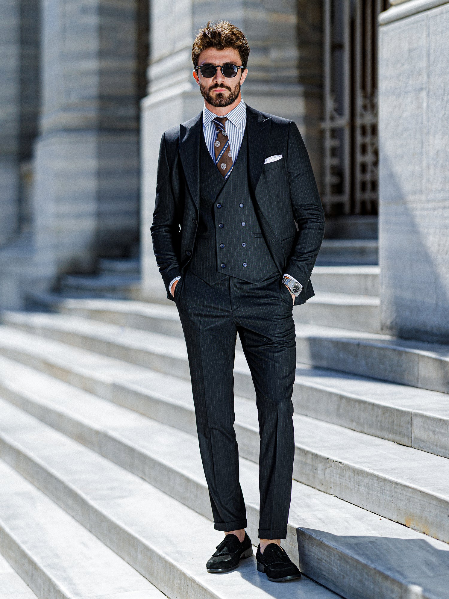 Navy Striped Slim-Fit Suit 3-Piece