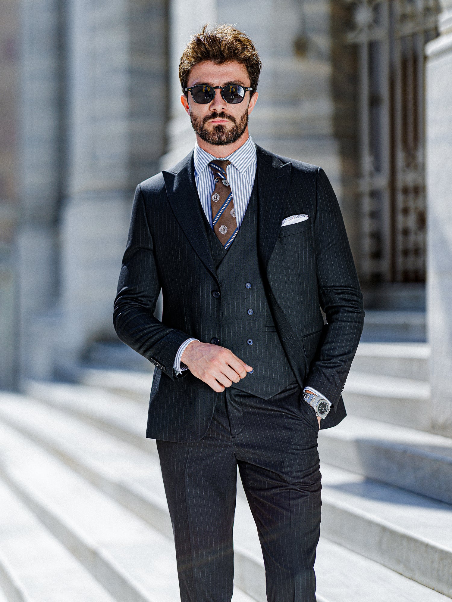 Navy Striped Slim-Fit Suit 3-Piece