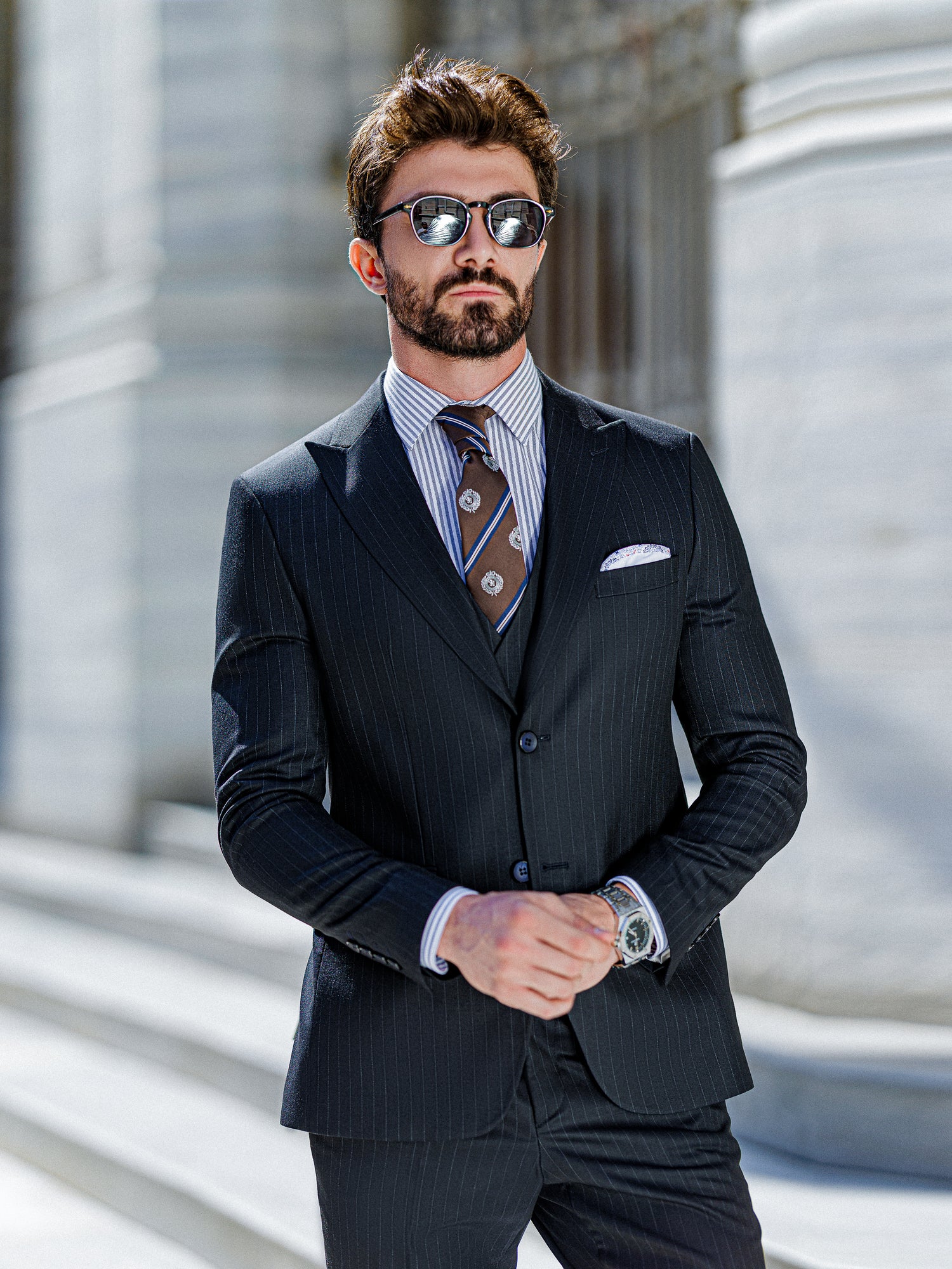 Navy Striped Slim-Fit Suit 3-Piece