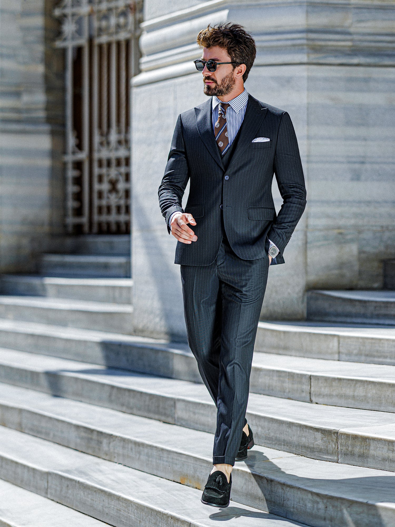 Navy Striped Slim-Fit Suit 3-Piece