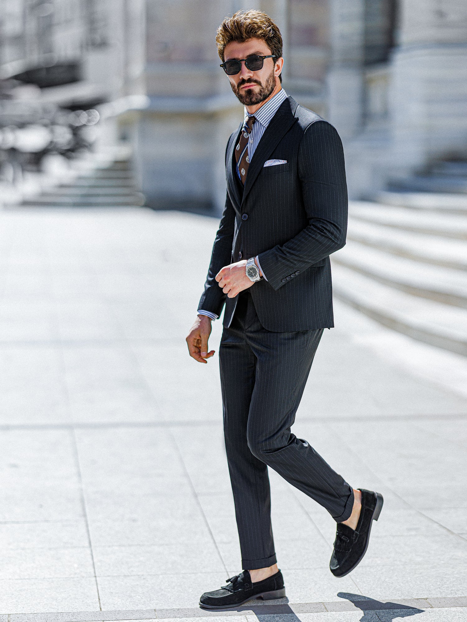 Navy Striped Slim-Fit Suit 3-Piece