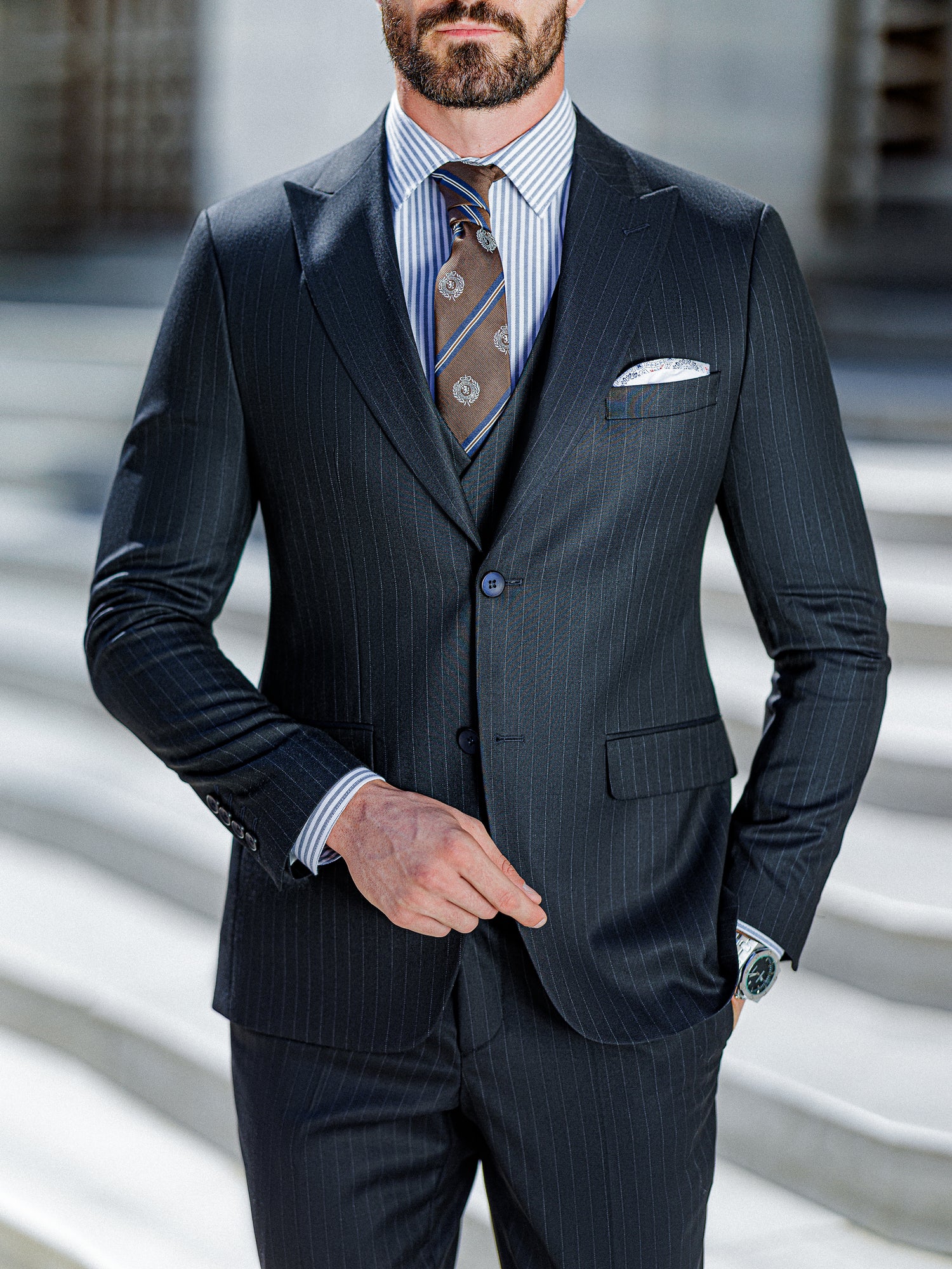 Navy Striped Slim-Fit Suit 3-Piece