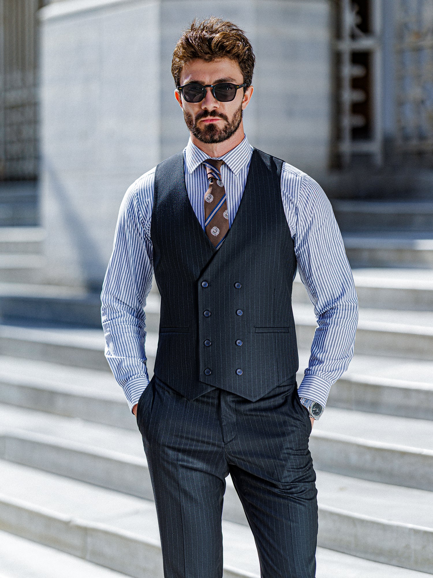 Navy Striped Slim-Fit Suit 3-Piece