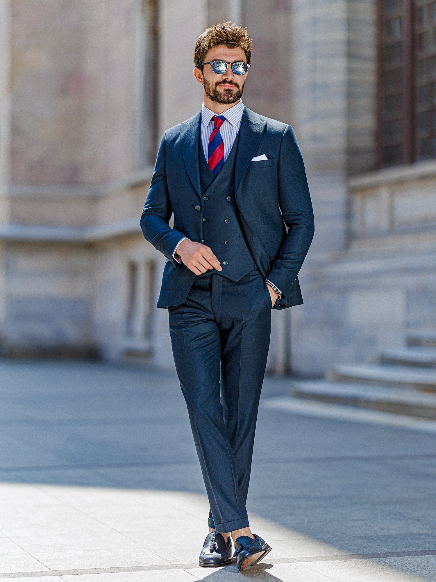 Navy Plaid Slim-Fit Suit 3-Piece