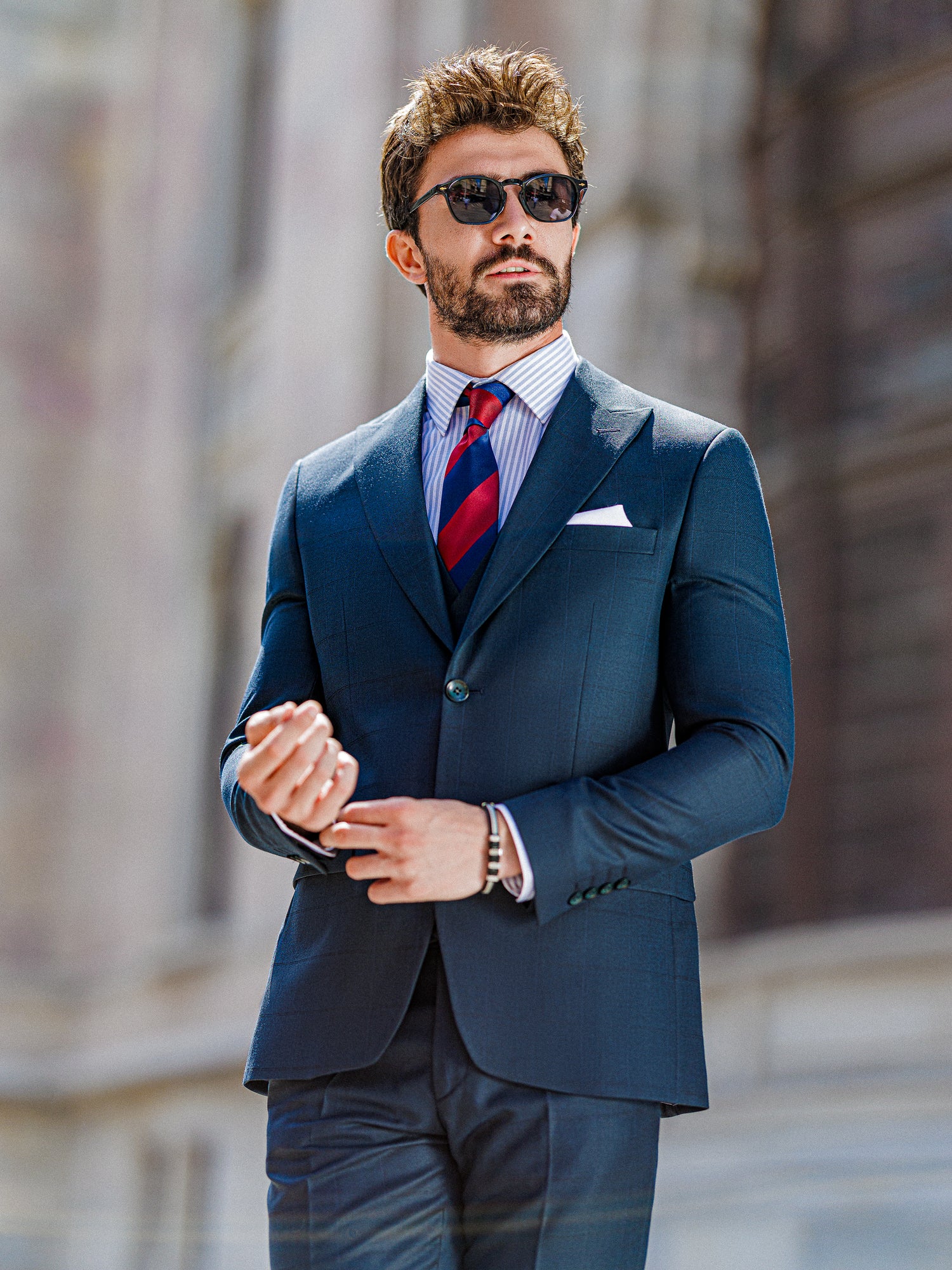 Navy Plaid Slim-Fit Suit 3-Piece