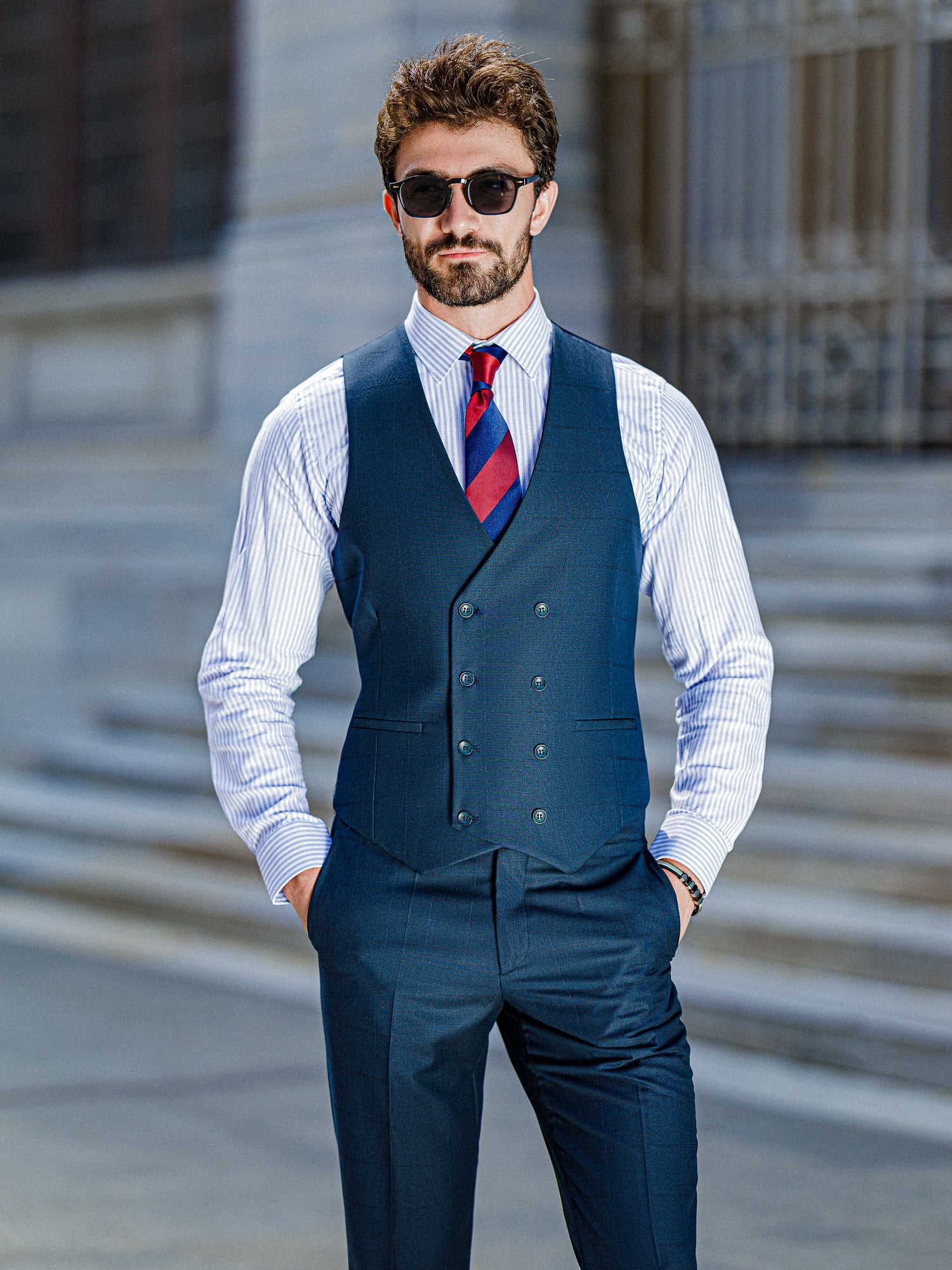 Navy Plaid Slim-Fit Suit 3-Piece