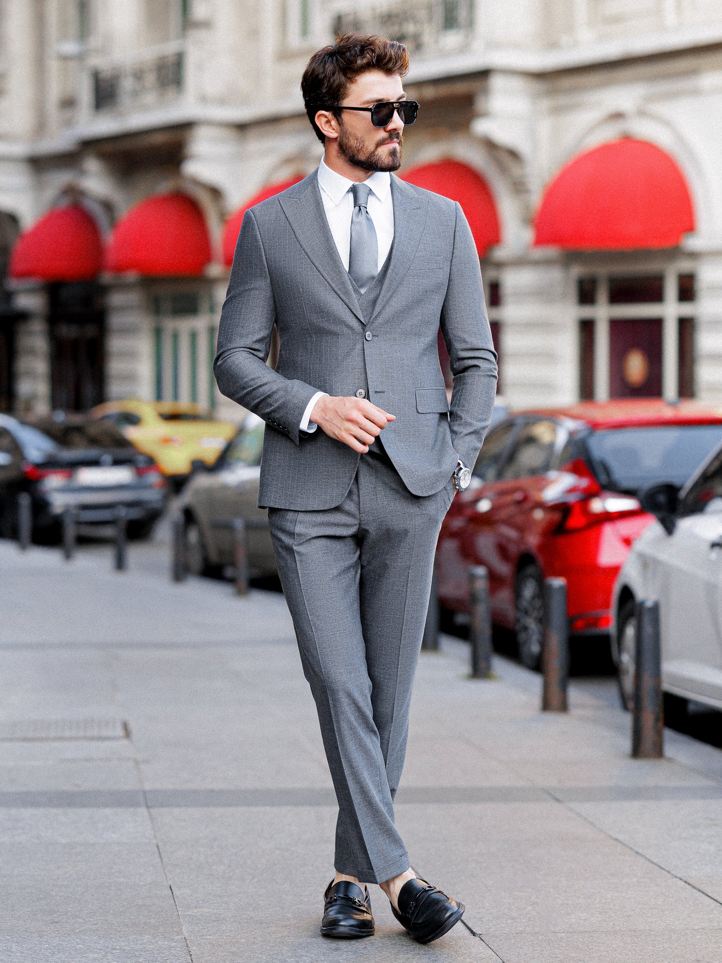 Grey Striped Slim-Fit Suit 3-Piece