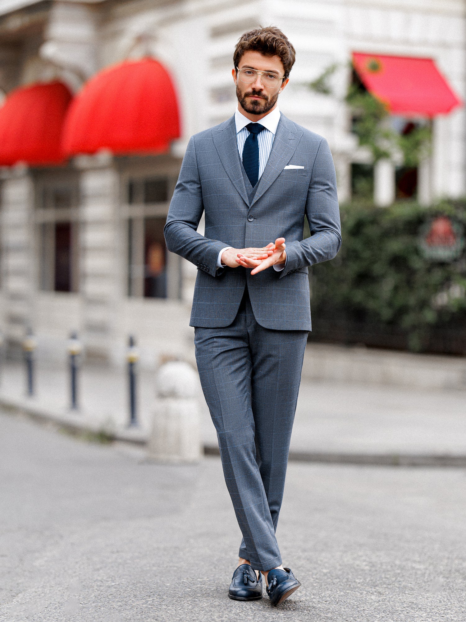 Grey Plaid Slim-Fit Suit 3-Piece