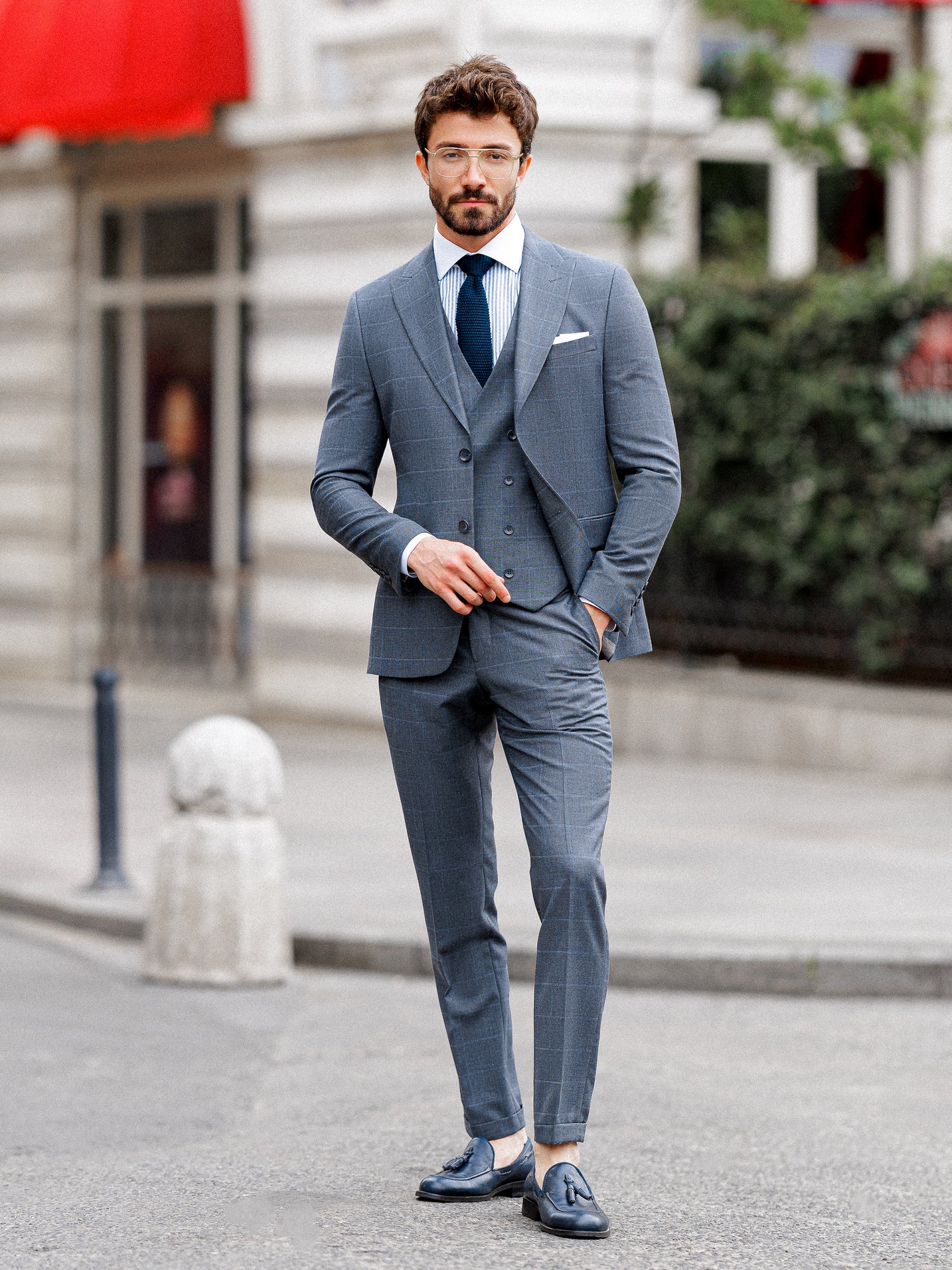 Grey Plaid Slim-Fit Suit 3-Piece