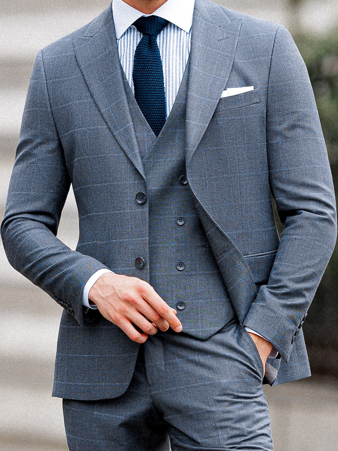 Grey Plaid Slim-Fit Suit 3-Piece