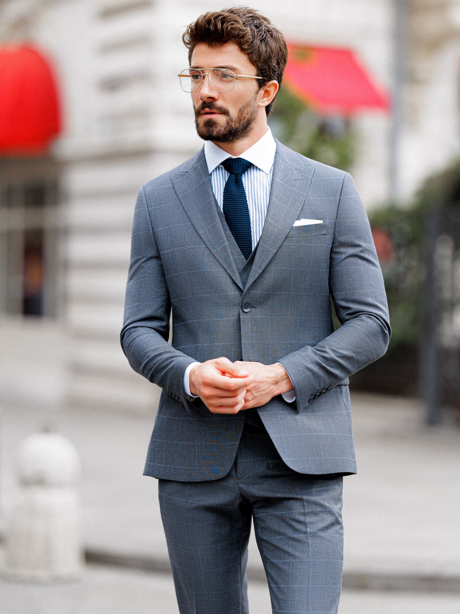 Grey Plaid Slim-Fit Suit 3-Piece