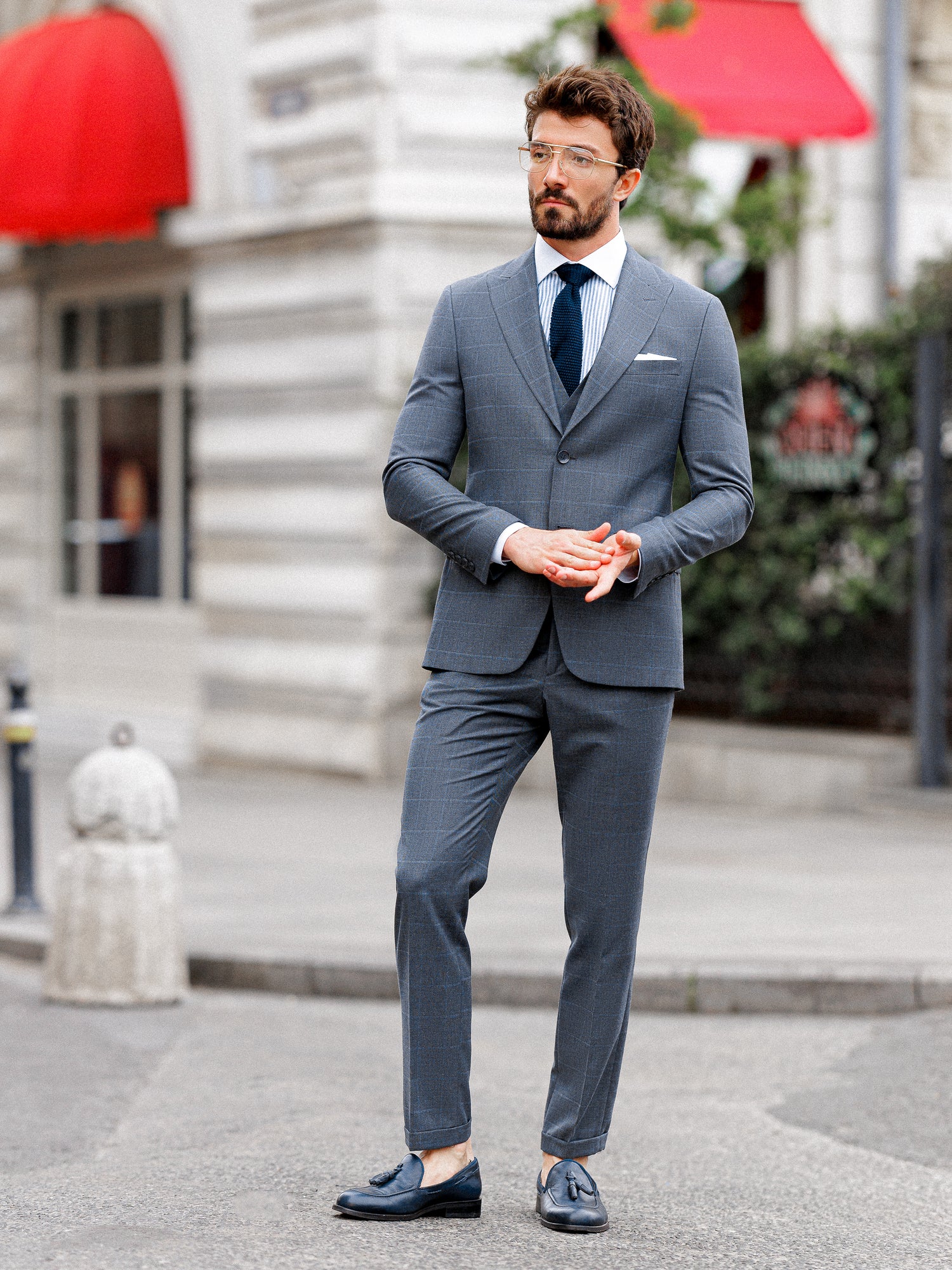 Grey Plaid Slim-Fit Suit 3-Piece