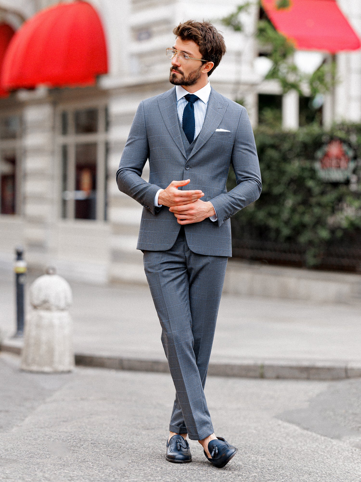 Grey Plaid Slim-Fit Suit 3-Piece