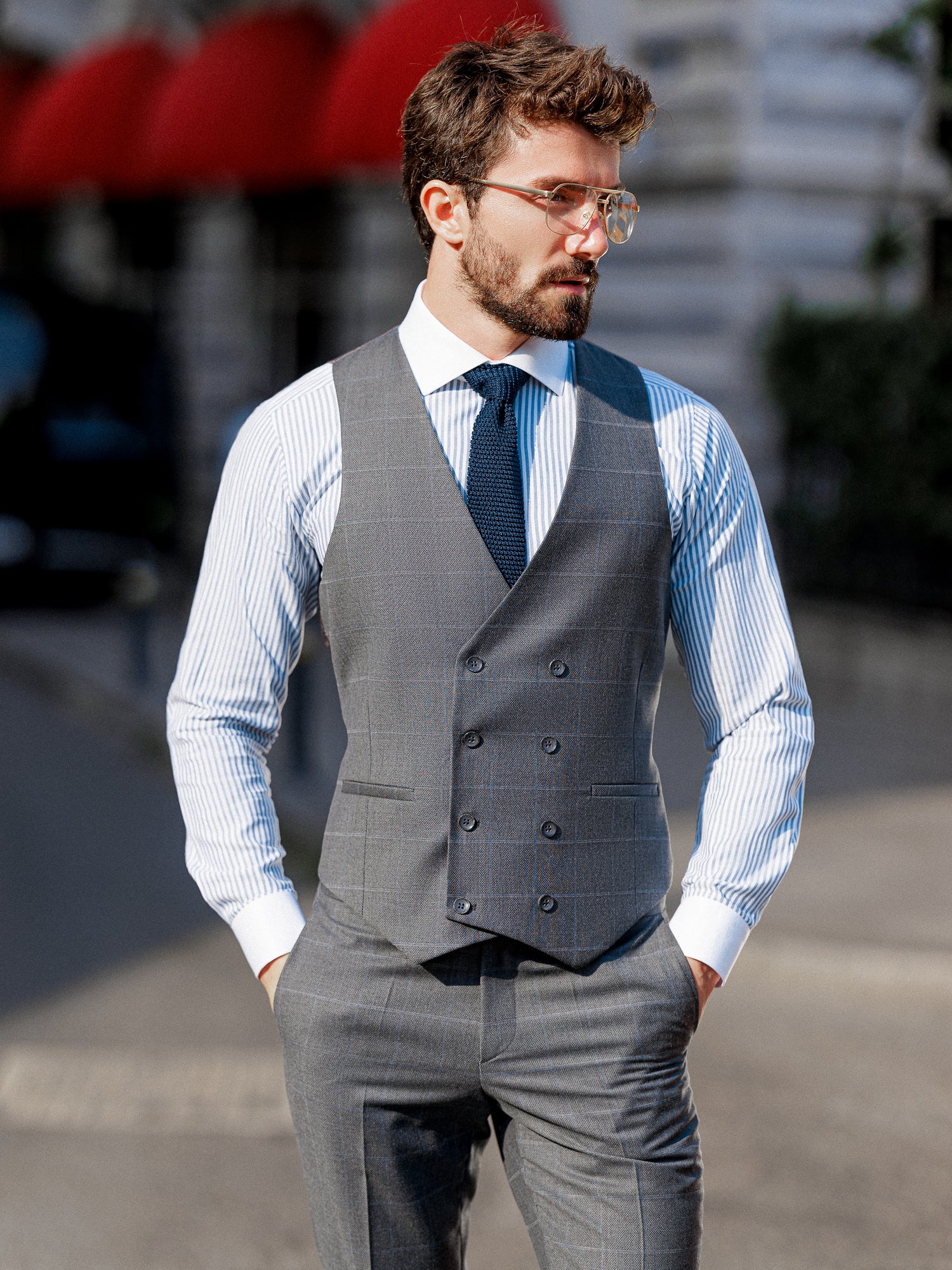 Grey Plaid Slim-Fit Suit 3-Piece