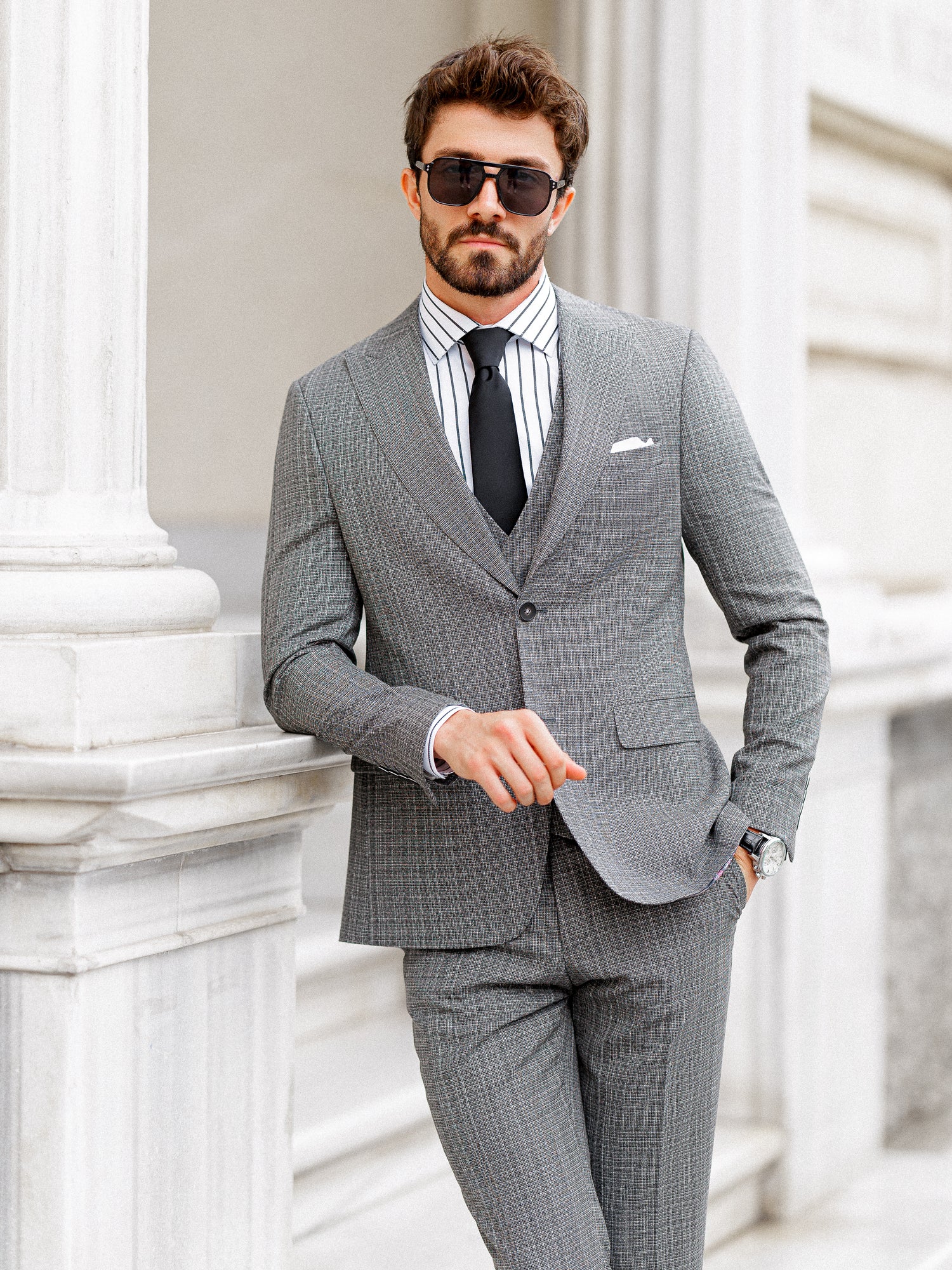 Grey Plaid Slim-Fit Suit 3-Piece