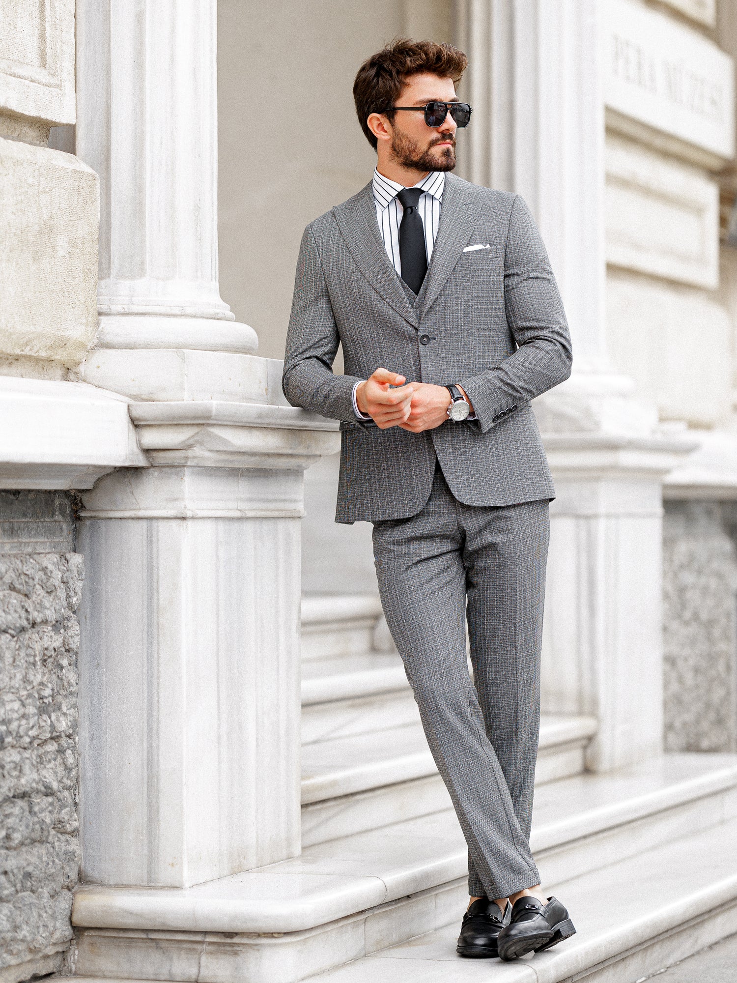 Grey Plaid Slim-Fit Suit 3-Piece