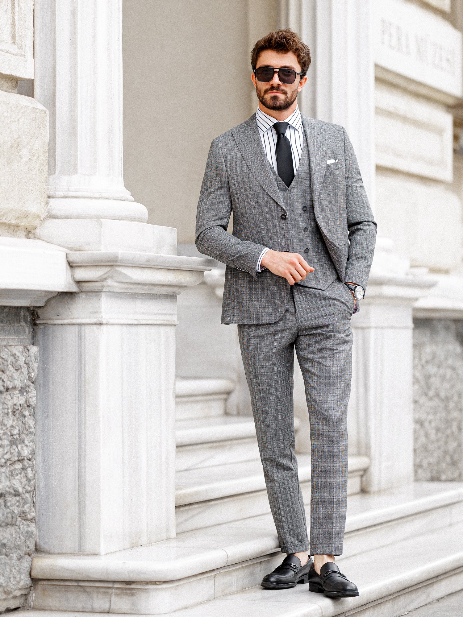 Grey Plaid Slim-Fit Suit 3-Piece