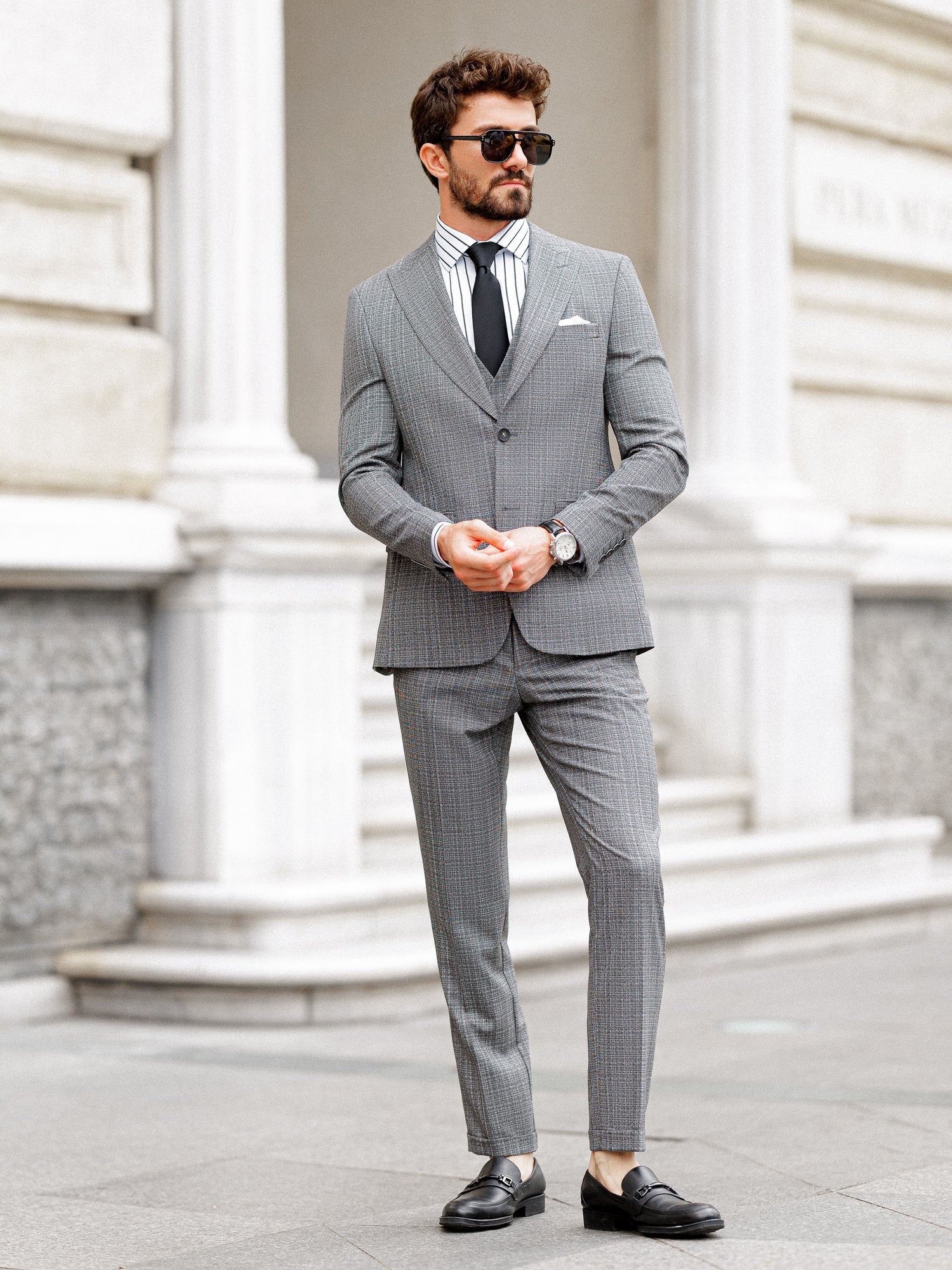 Grey Plaid Slim-Fit Suit 3-Piece