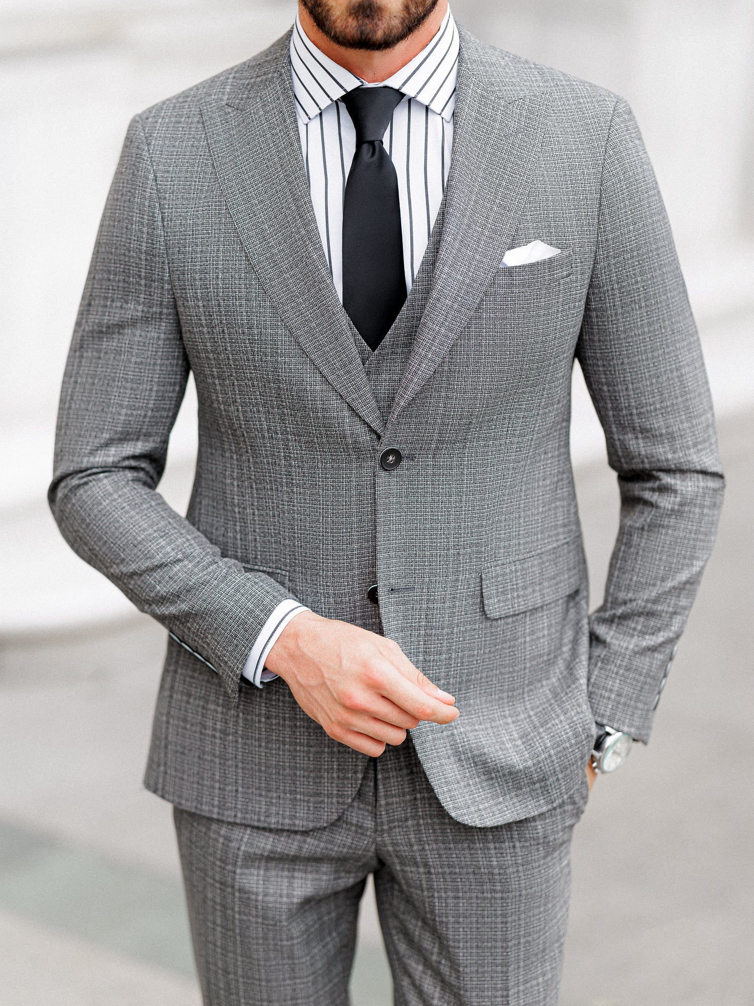 Grey Plaid Slim-Fit Suit 3-Piece