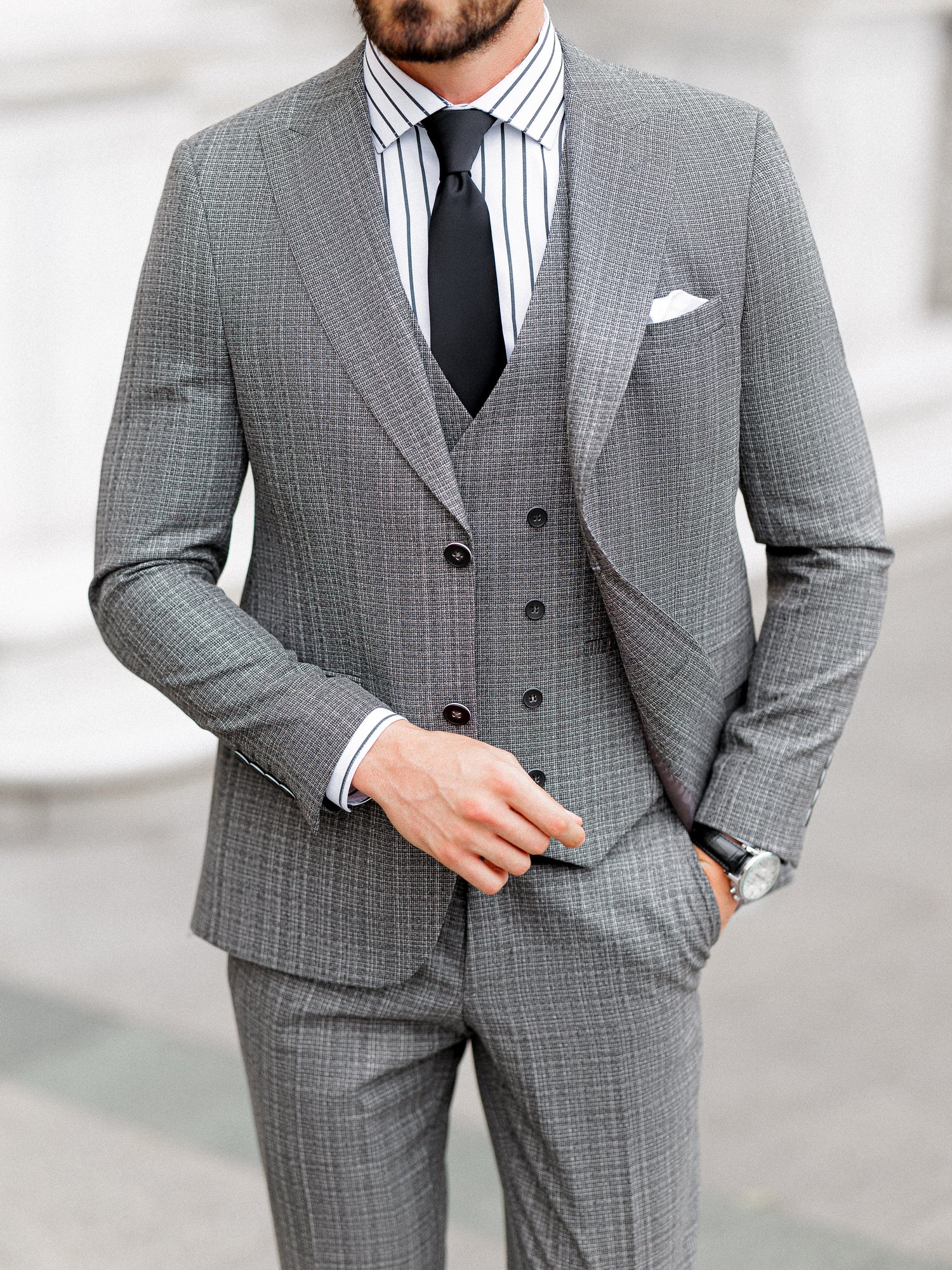 Grey Plaid Slim-Fit Suit 3-Piece