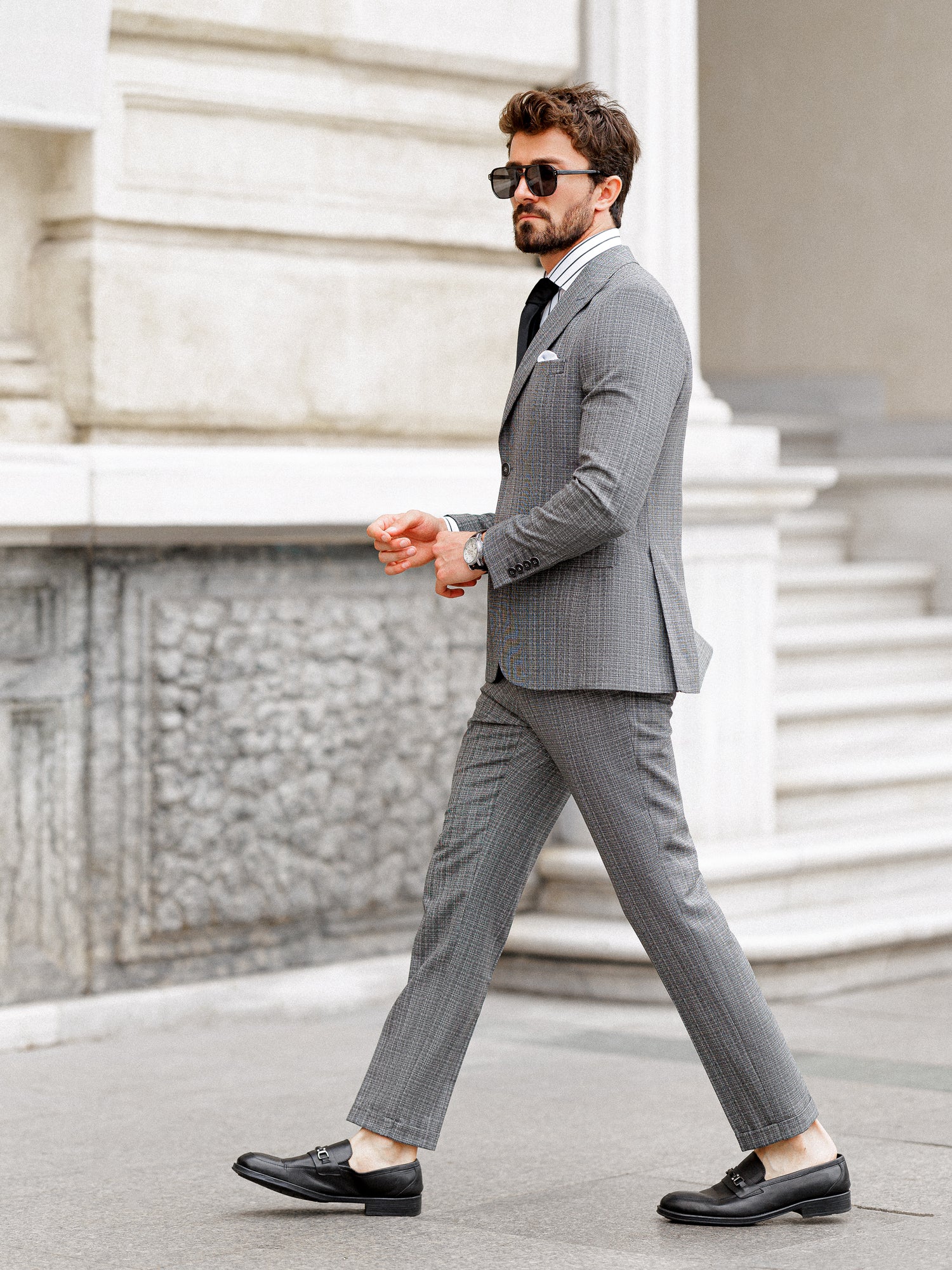 Grey Plaid Slim-Fit Suit 3-Piece