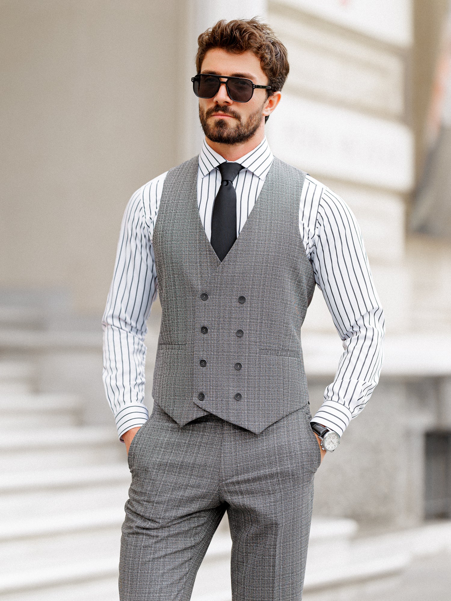 Grey Plaid Slim-Fit Suit 3-Piece