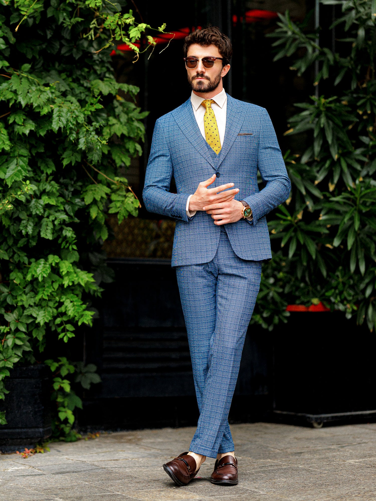 Blue Plaid Slim-Fit Suit 3-Piece