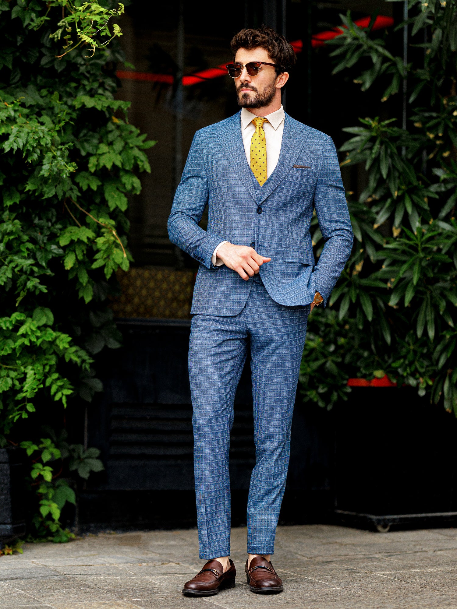 Blue Plaid Slim-Fit Suit 3-Piece