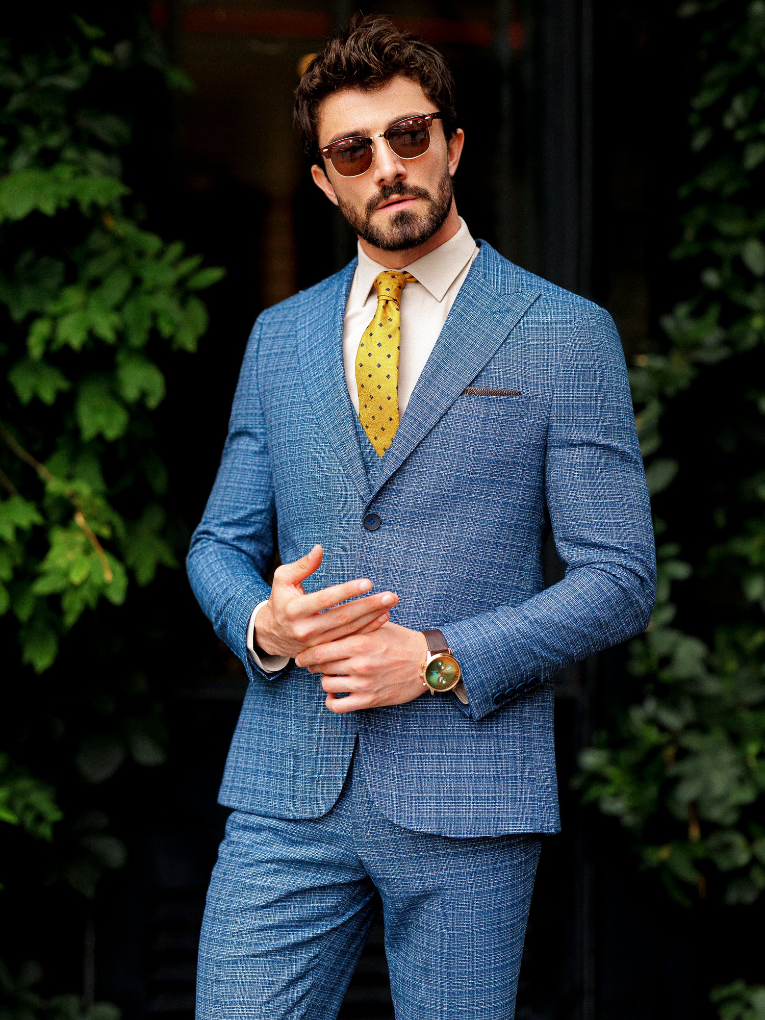 Blue Plaid Slim-Fit Suit 3-Piece