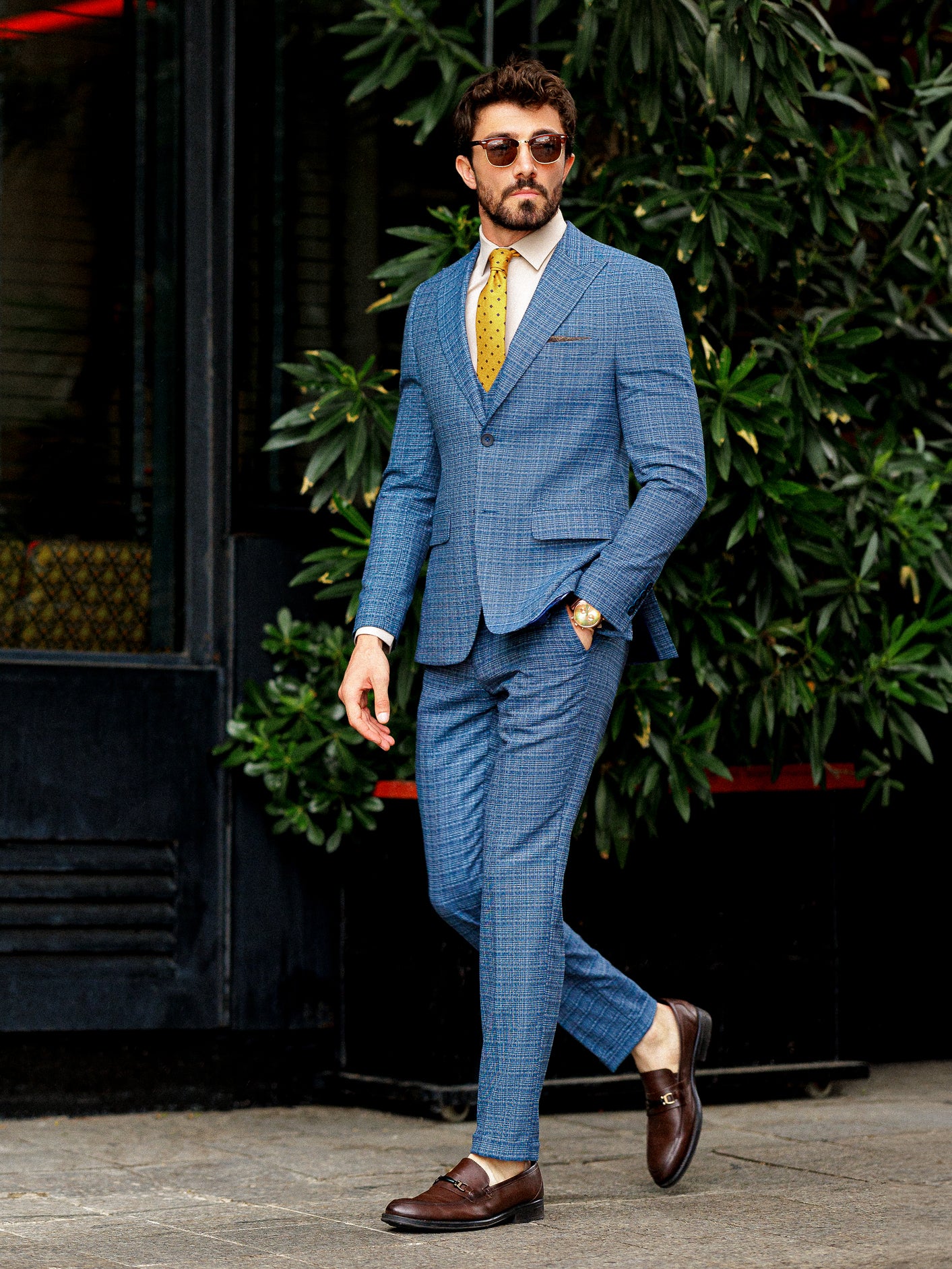 Blue Plaid Slim-Fit Suit 3-Piece