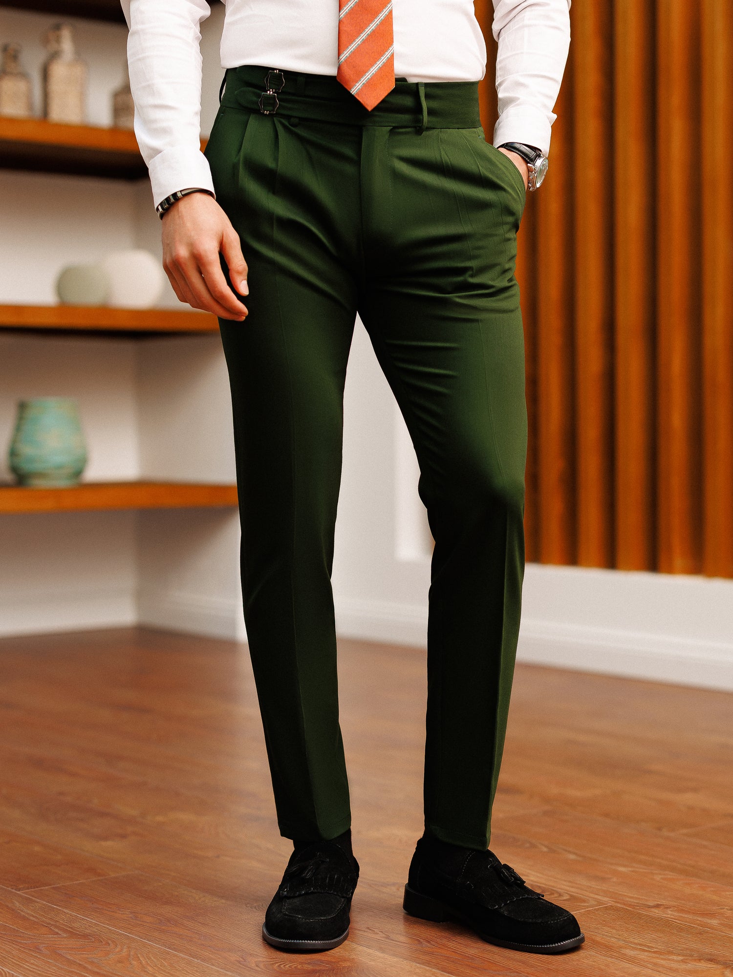 Dark Green Slim-Fit Pants