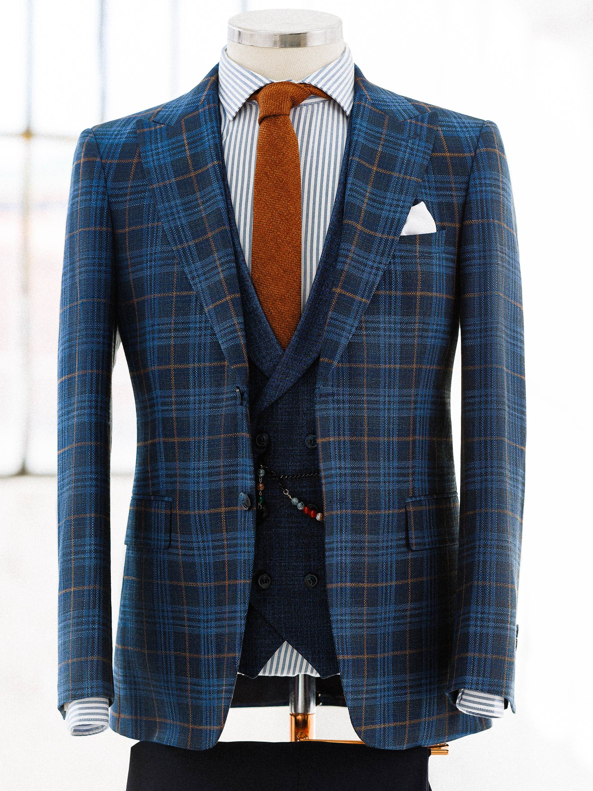 Navy Plaid Slim-Fit Suit 3-Piece