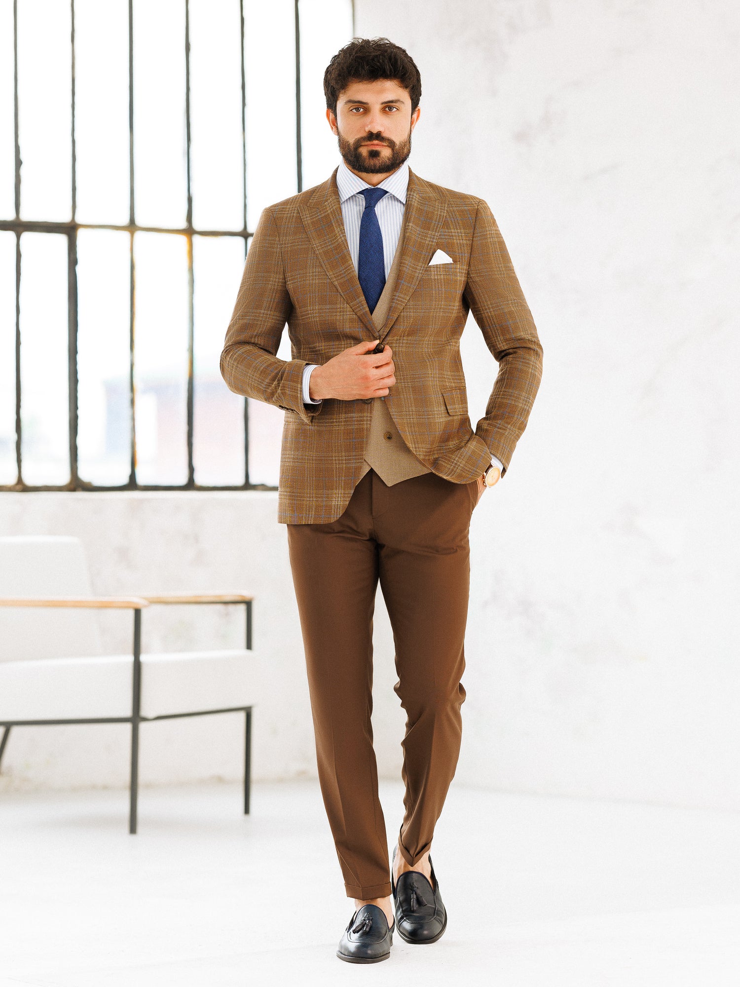 Brown Plaid Slim-Fit Suit 3-Piece