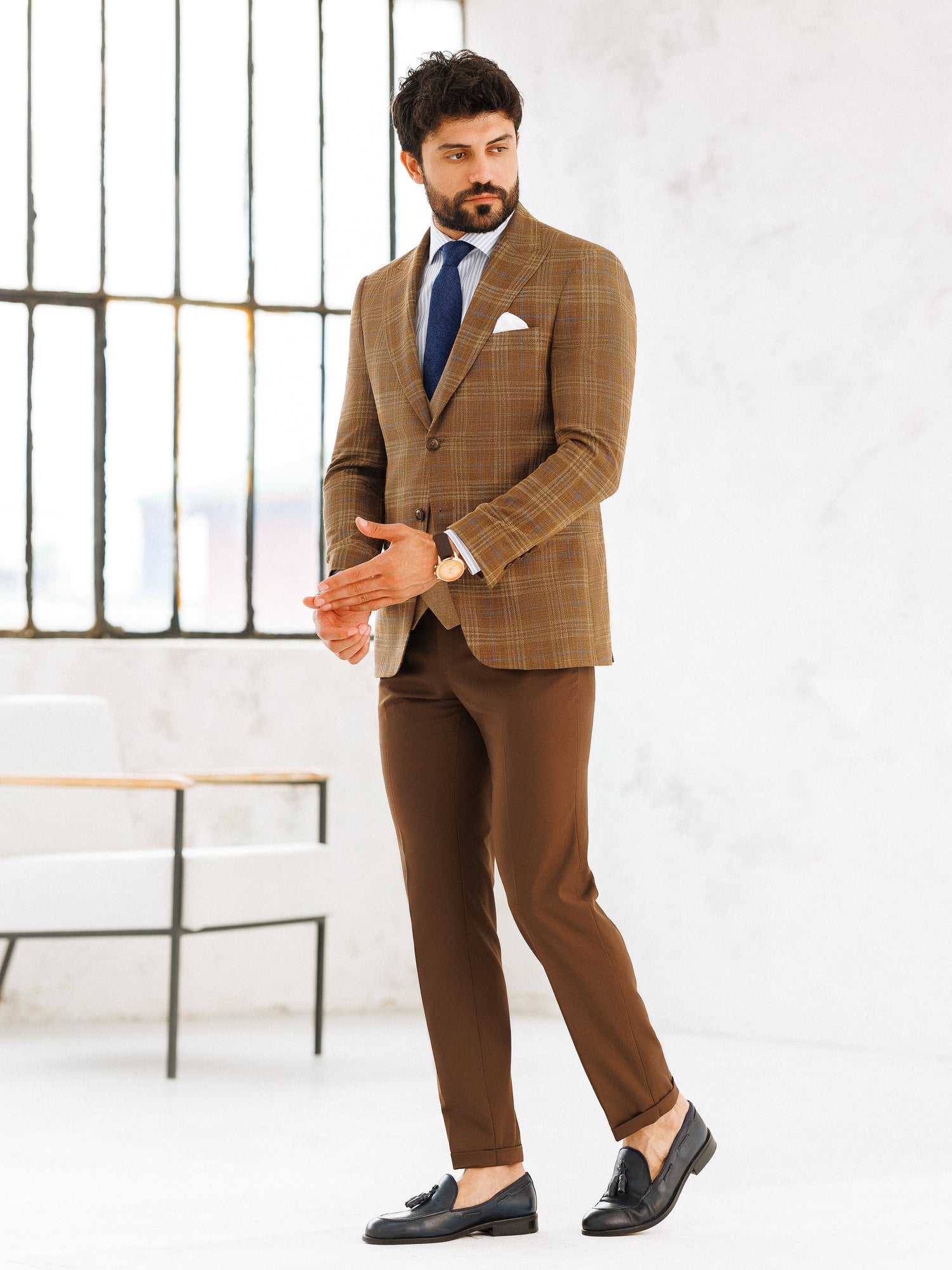 Brown Plaid Slim-Fit Suit 3-Piece