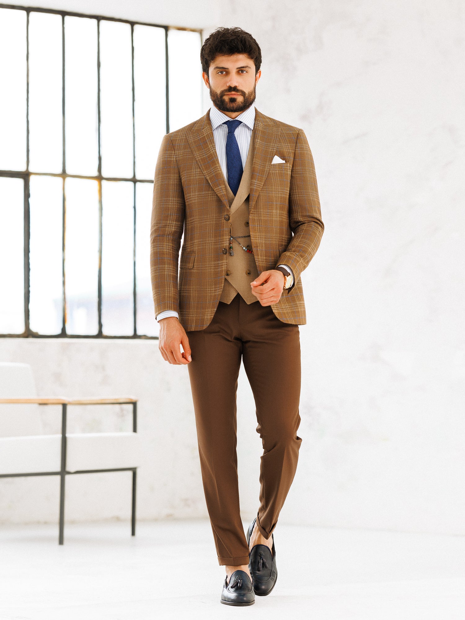 Brown Plaid Slim-Fit Suit 3-Piece