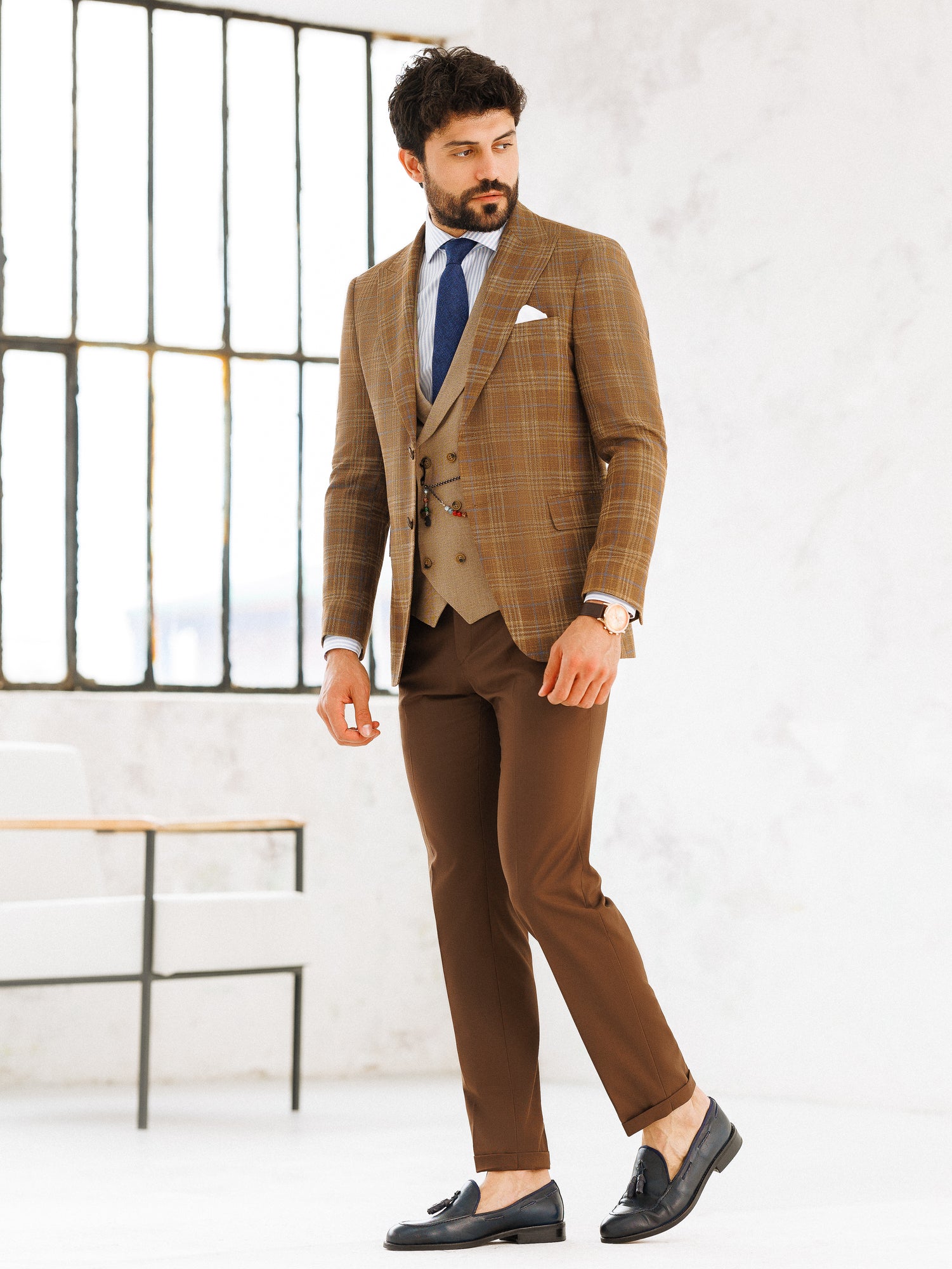 Brown Plaid Slim-Fit Suit 3-Piece