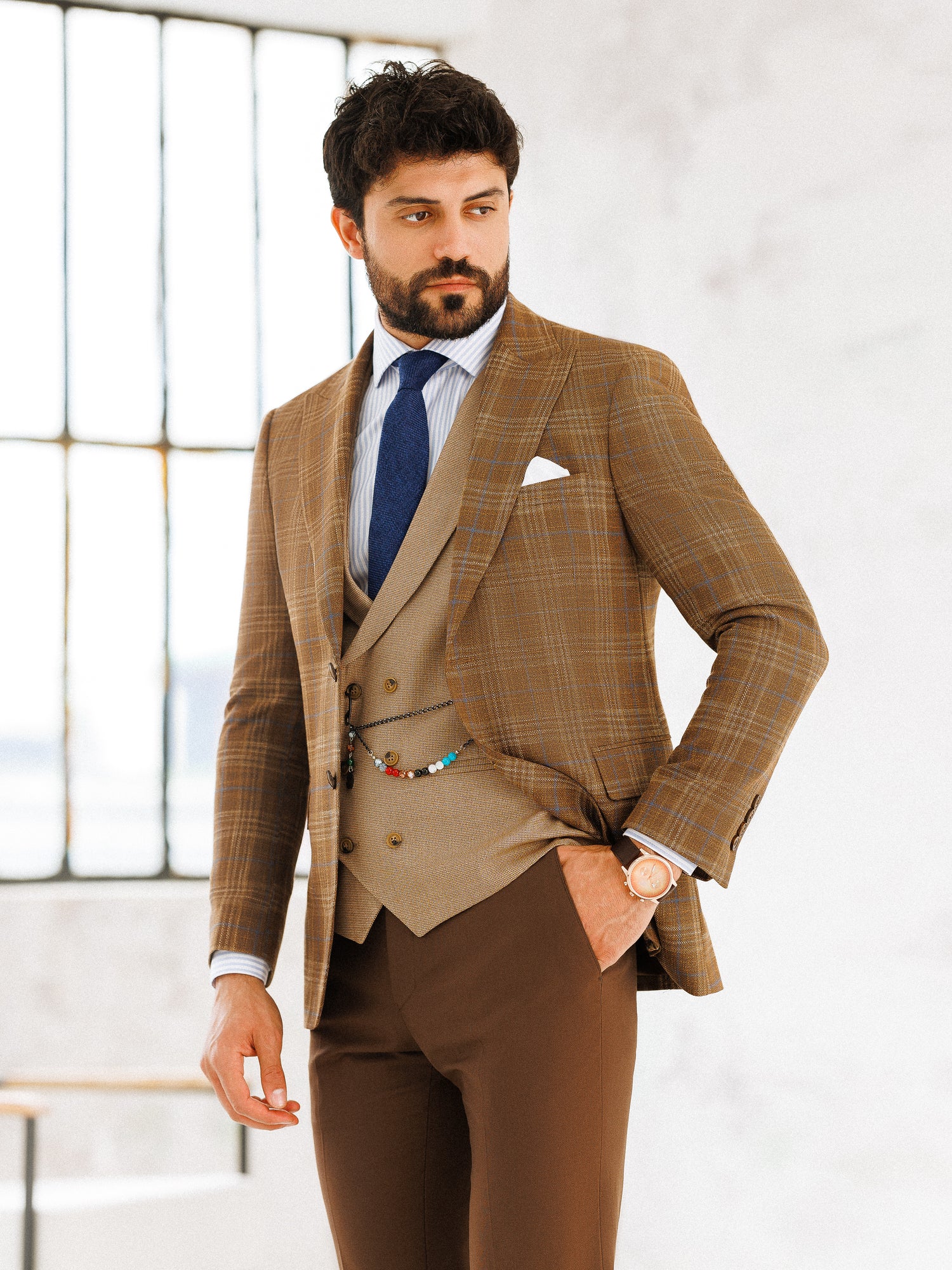 Brown Plaid Slim-Fit Suit 3-Piece