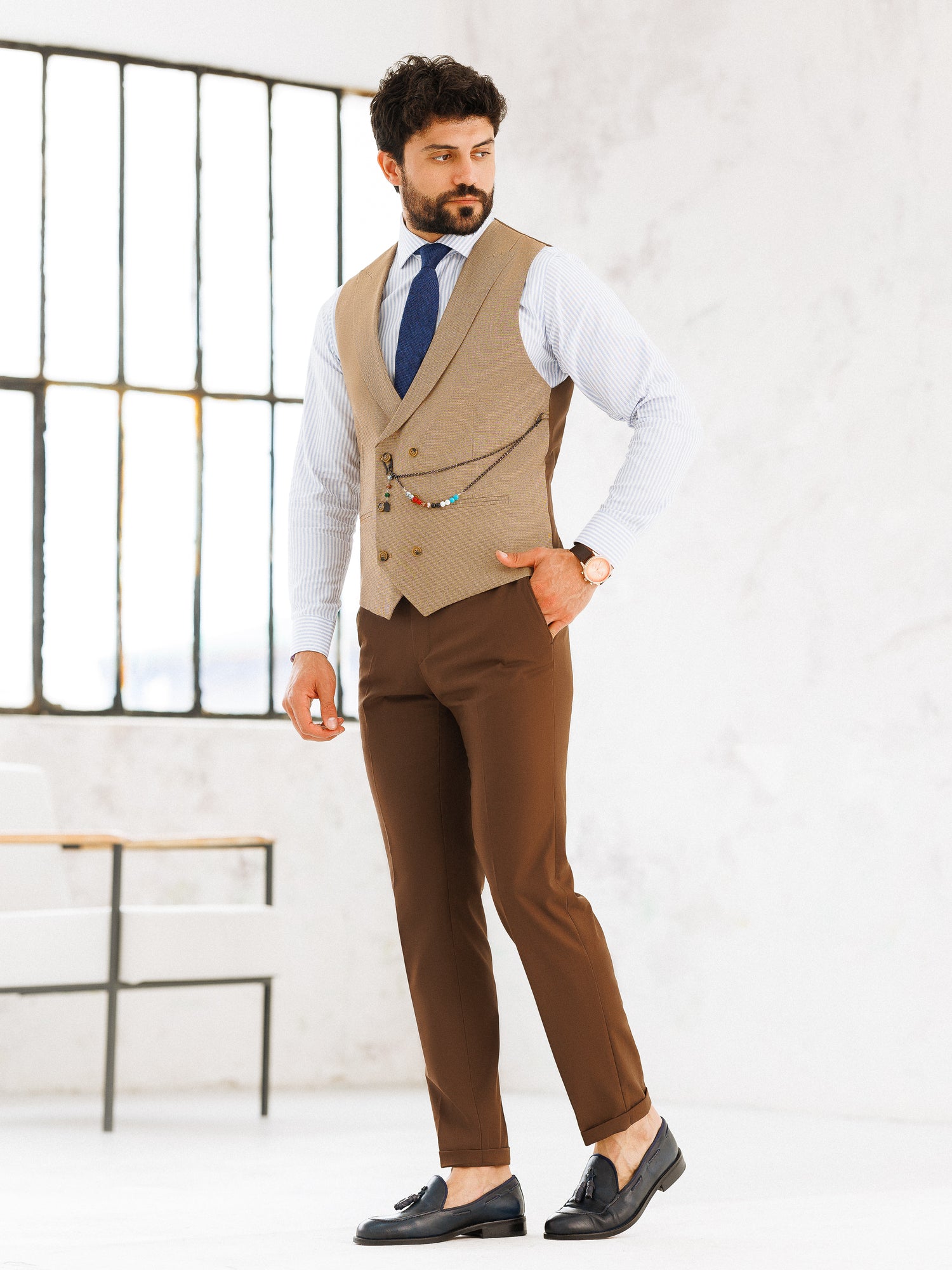 Brown Plaid Slim-Fit Suit 3-Piece