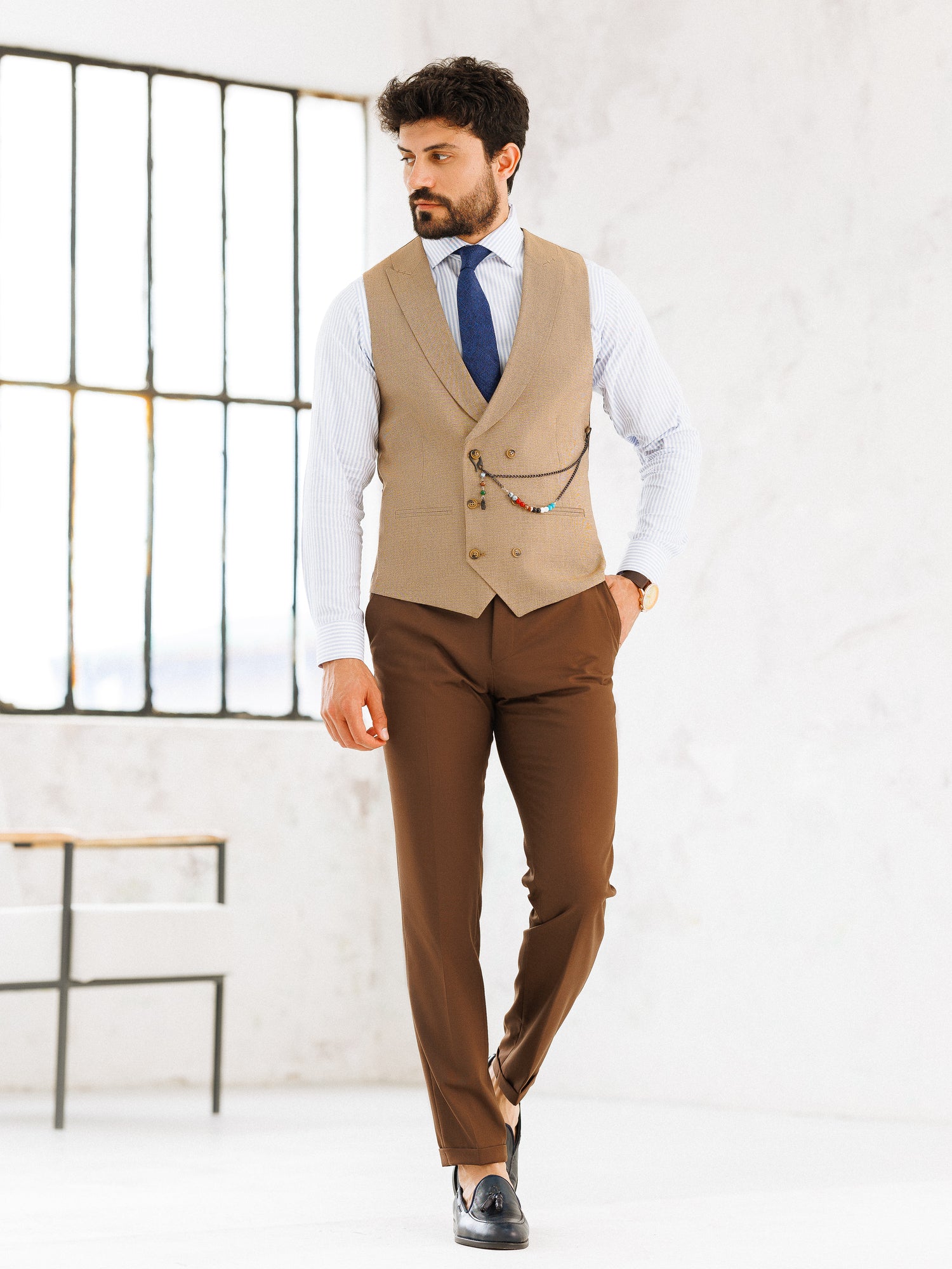 Brown Plaid Slim-Fit Suit 3-Piece