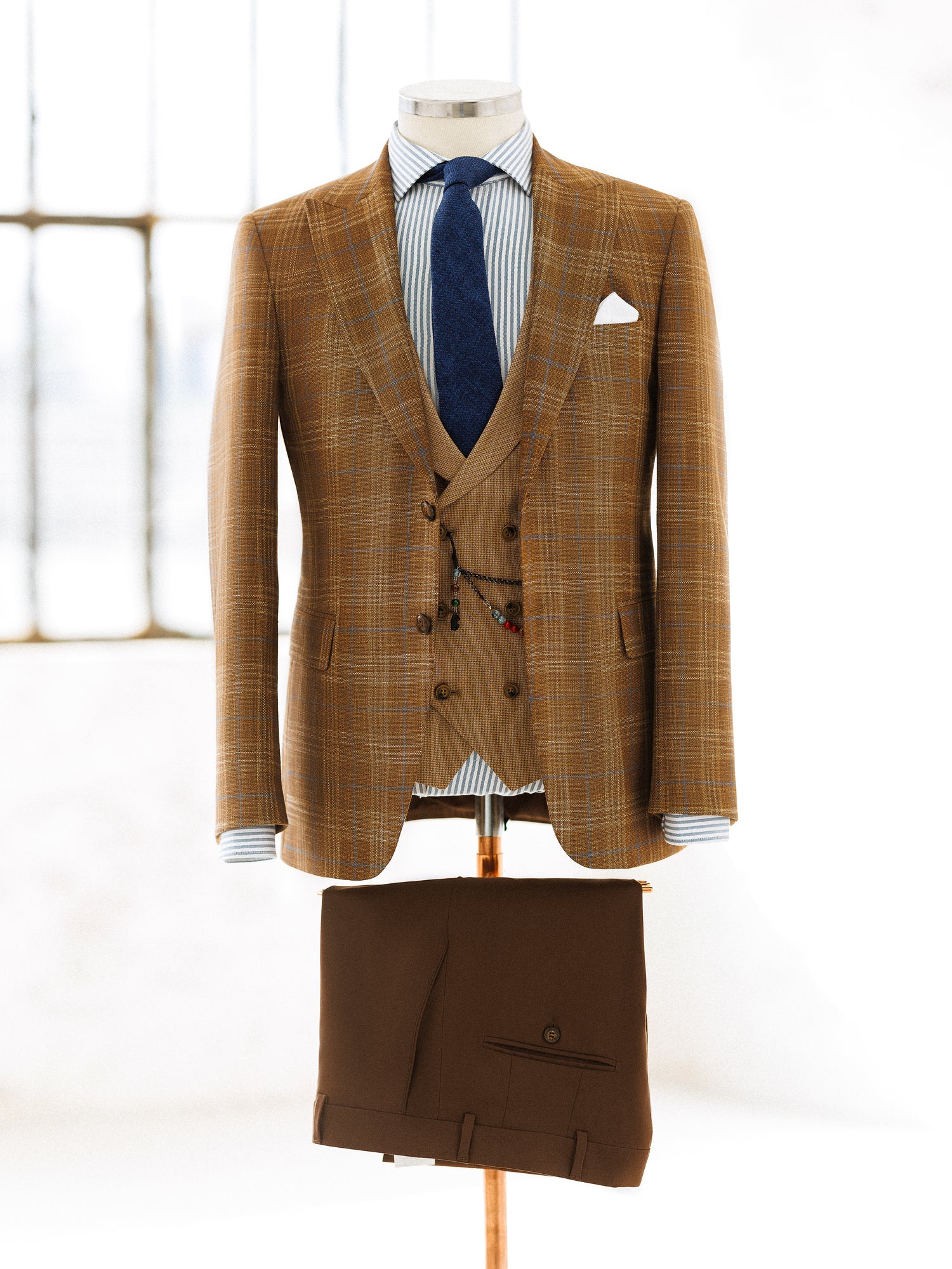Brown Plaid Slim-Fit Suit 3-Piece