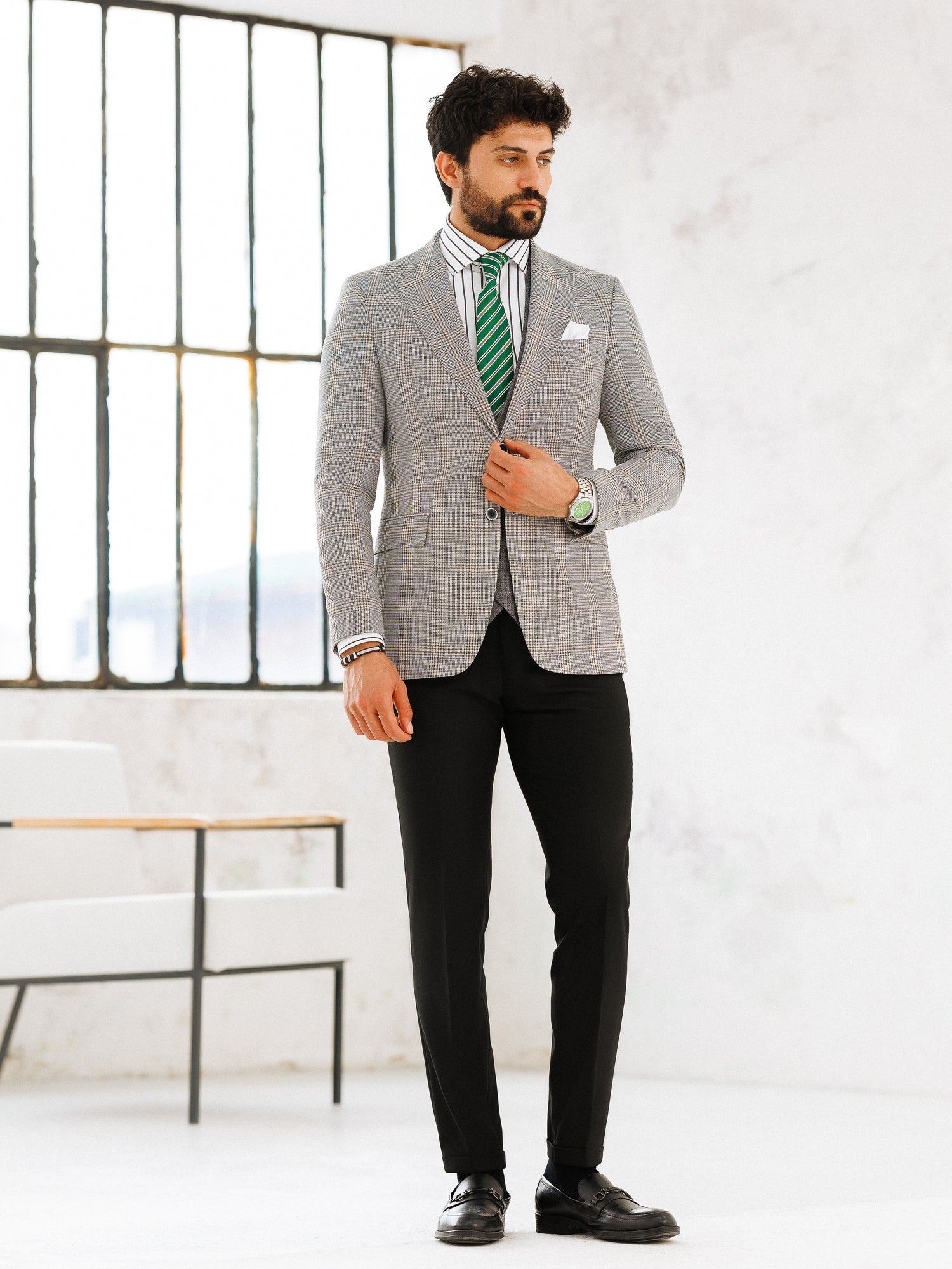 Grey Plaid Slim-Fit Suit 3-Piece