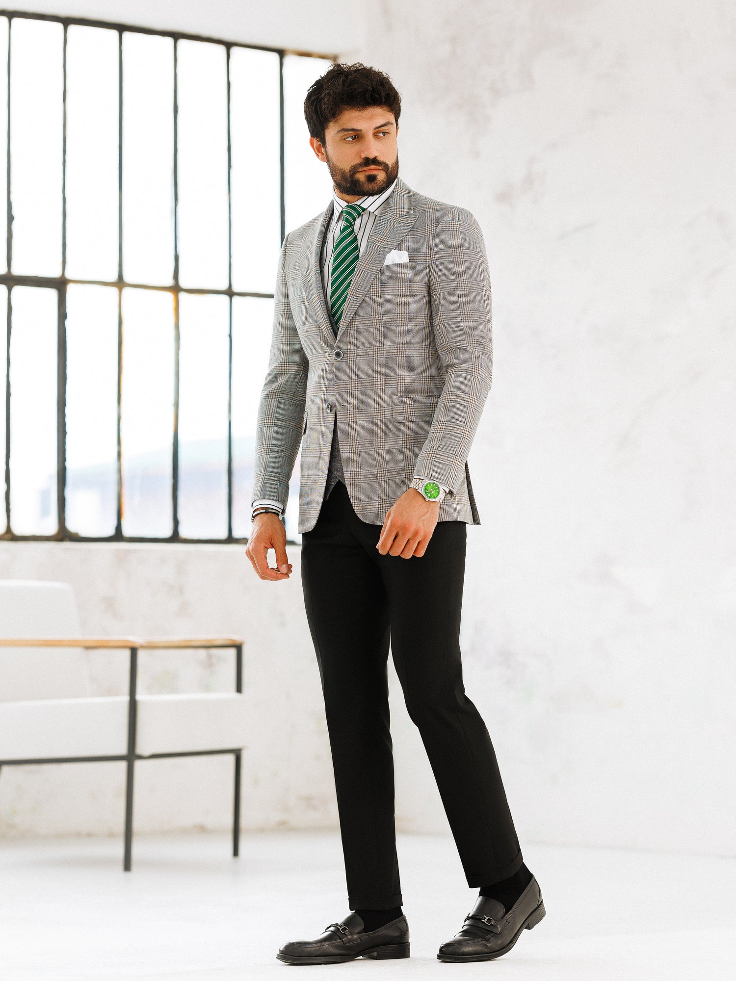 Grey Plaid Slim-Fit Suit 3-Piece