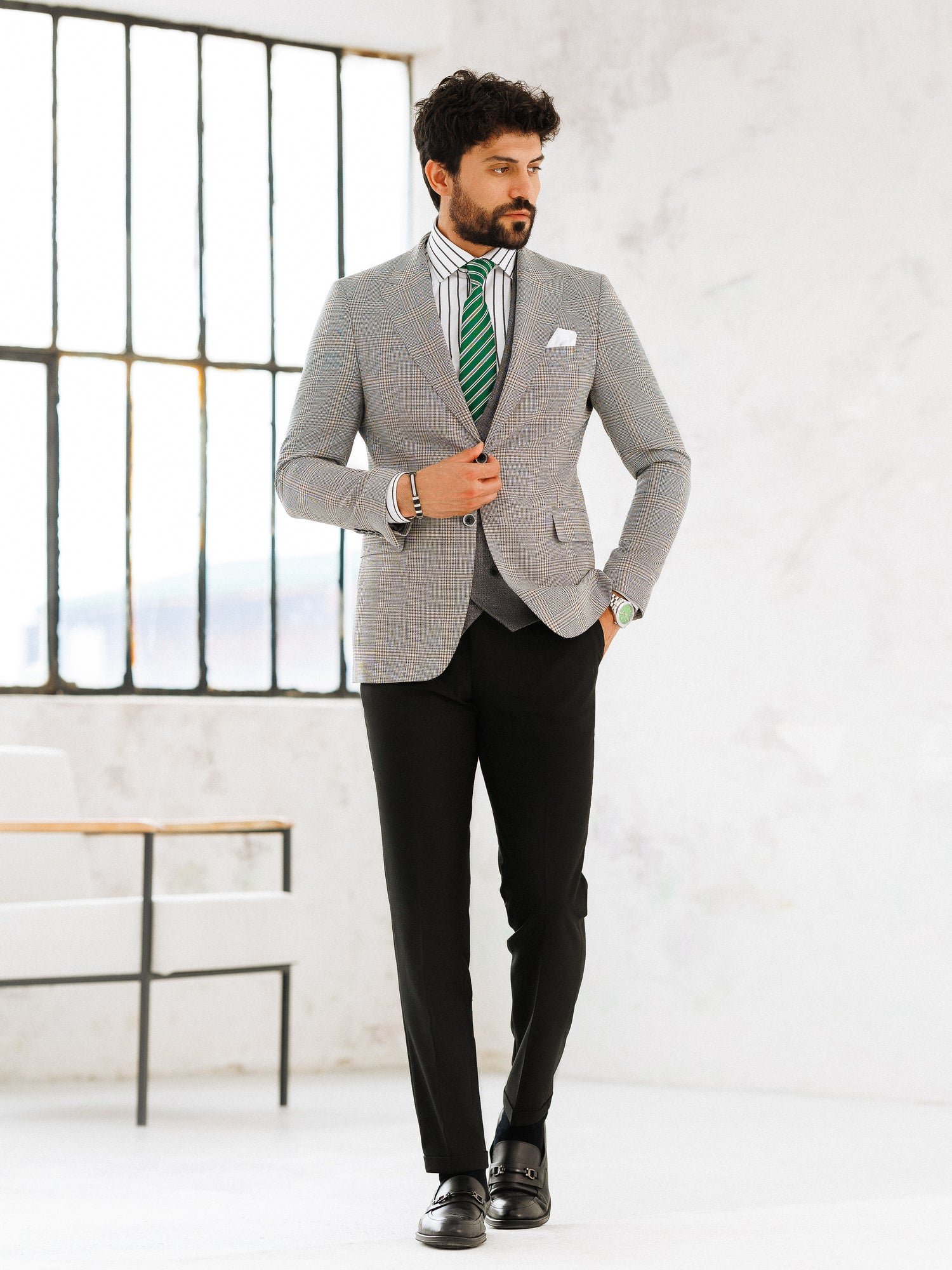 Grey Plaid Slim-Fit Suit 3-Piece